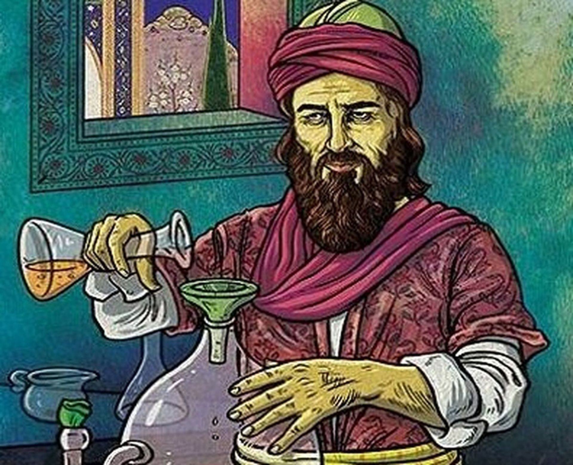 نقاشی از زکریای رازی در حال کیمیاگری