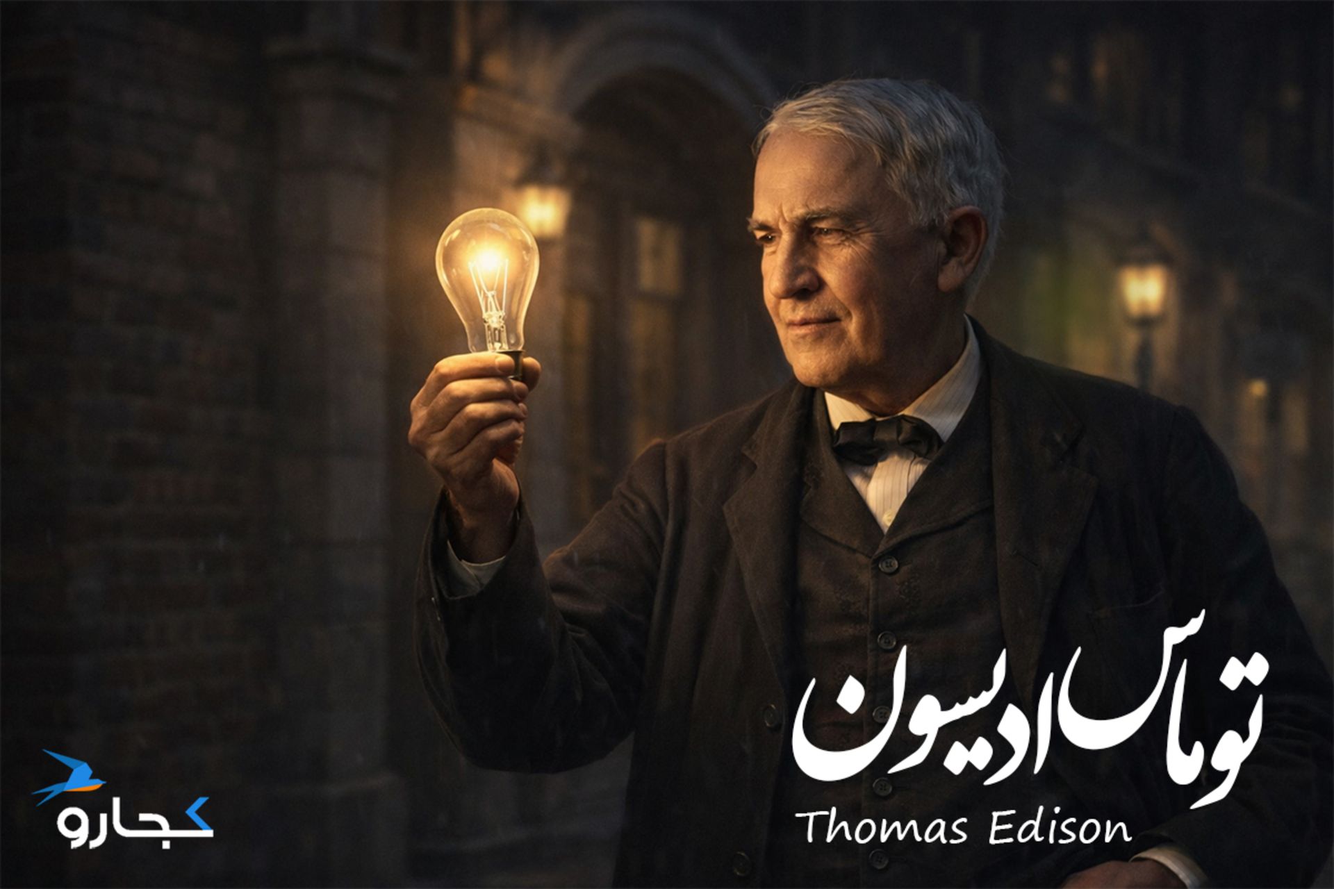 توماس ادیسون و لامپ در دستش