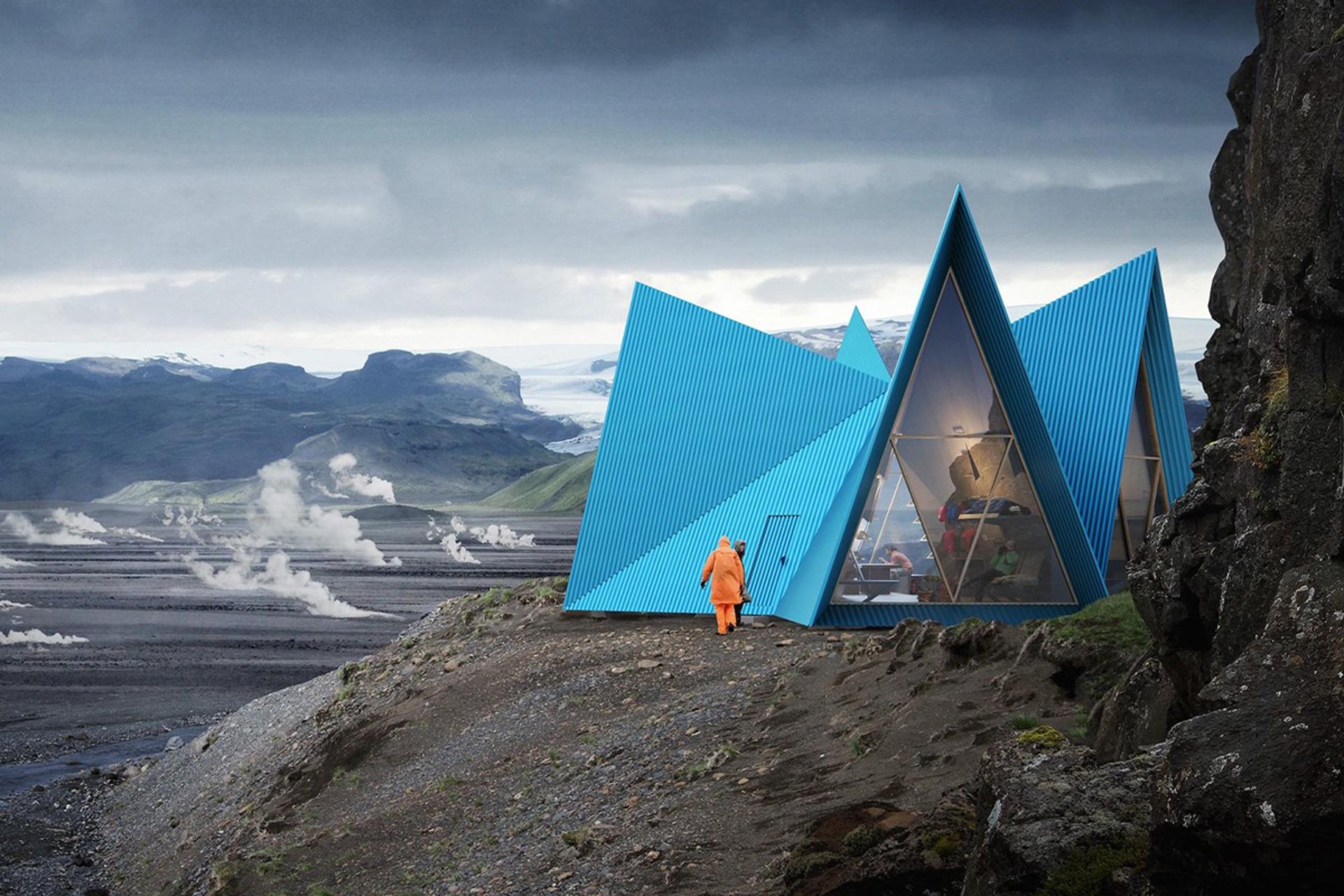 کوهنوردان در حال احداث کلبه پیش‌ساخته اسکایلی