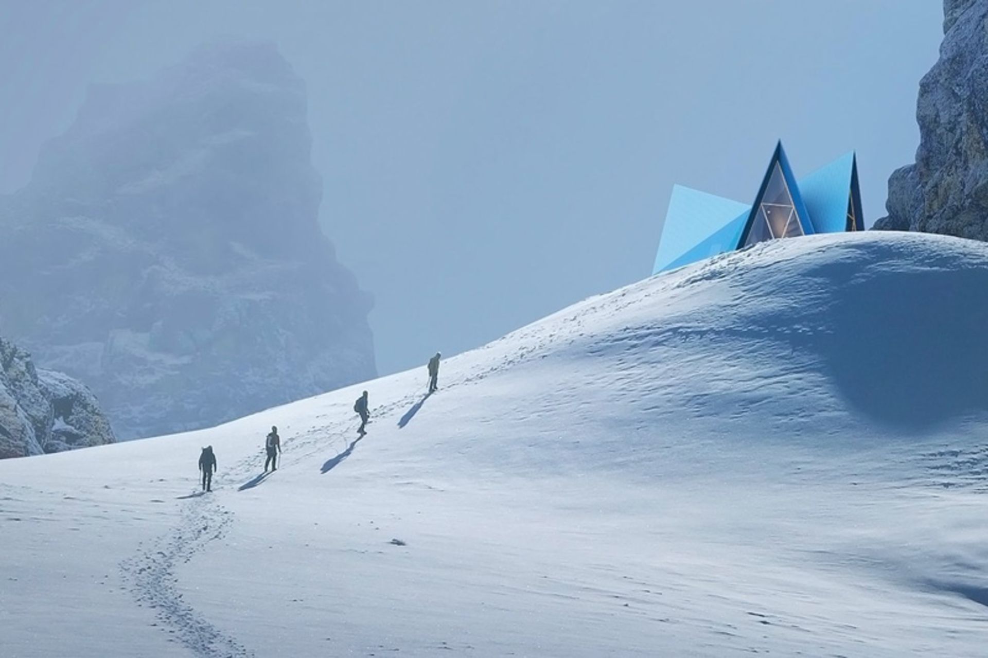 کوهنوردان در حال حرکت به سمت  کلبه پیش‌ساخته اسکایلی