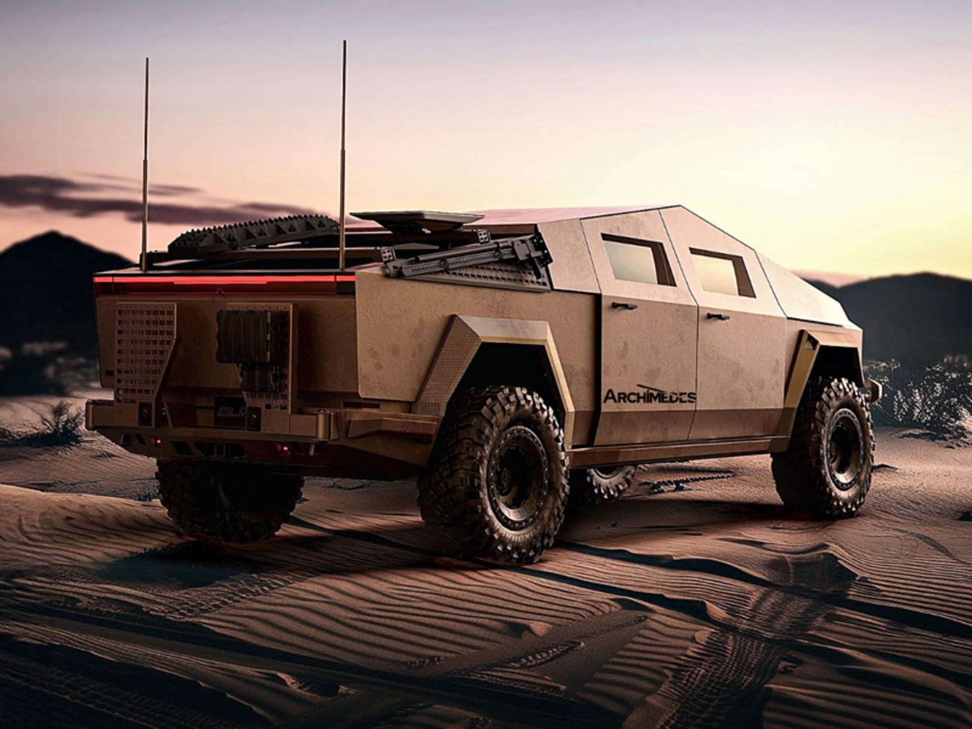 نمای پشتی کیت استینگ روی سایبرتراک در محیط کویری