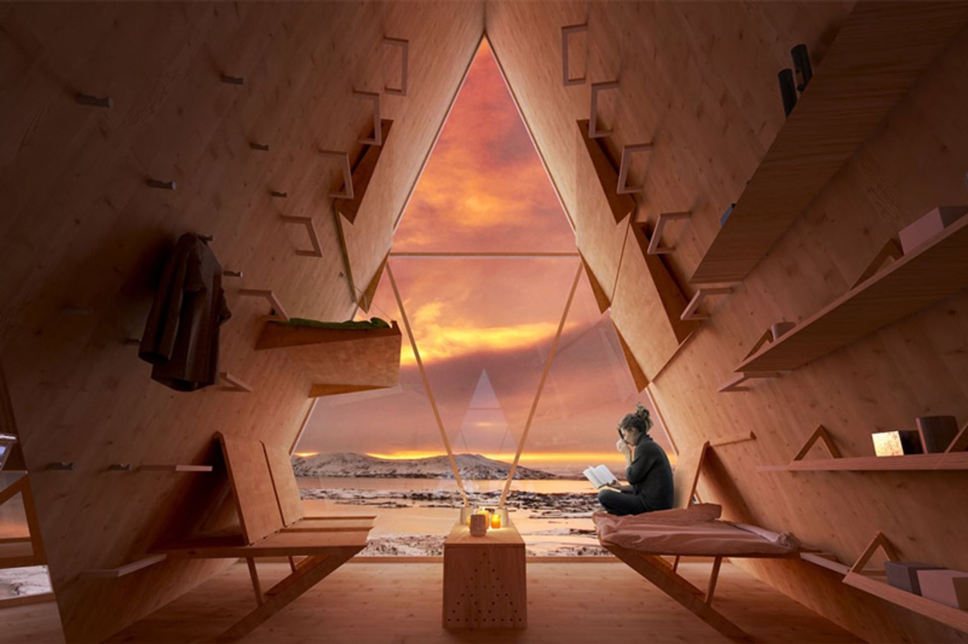 زن کوهنورد در حال اقامت در کلبه پیش‌ساخته اسکایلی