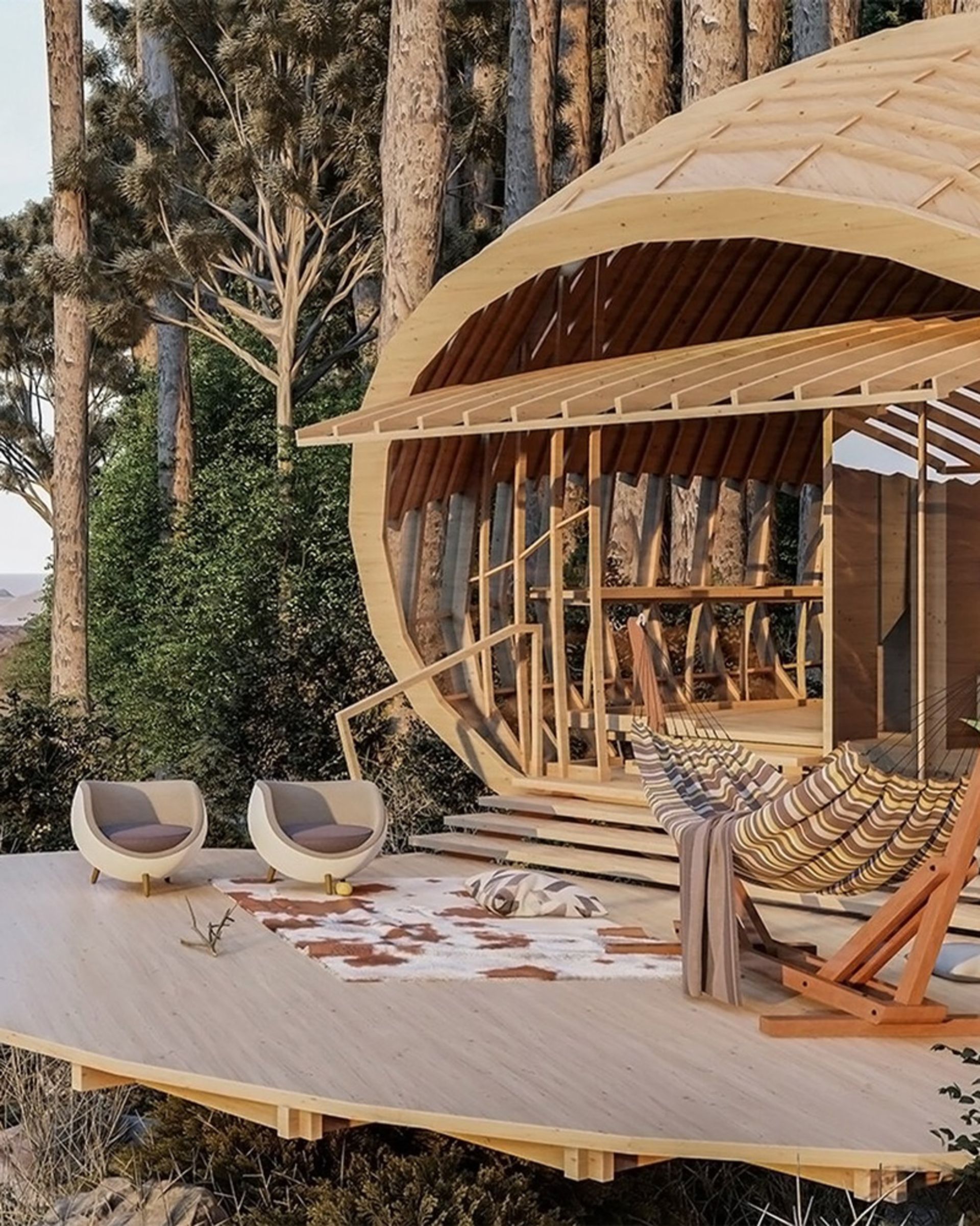 صندلی‌های استراحت در تراس کلبه‌های پیله‌ای