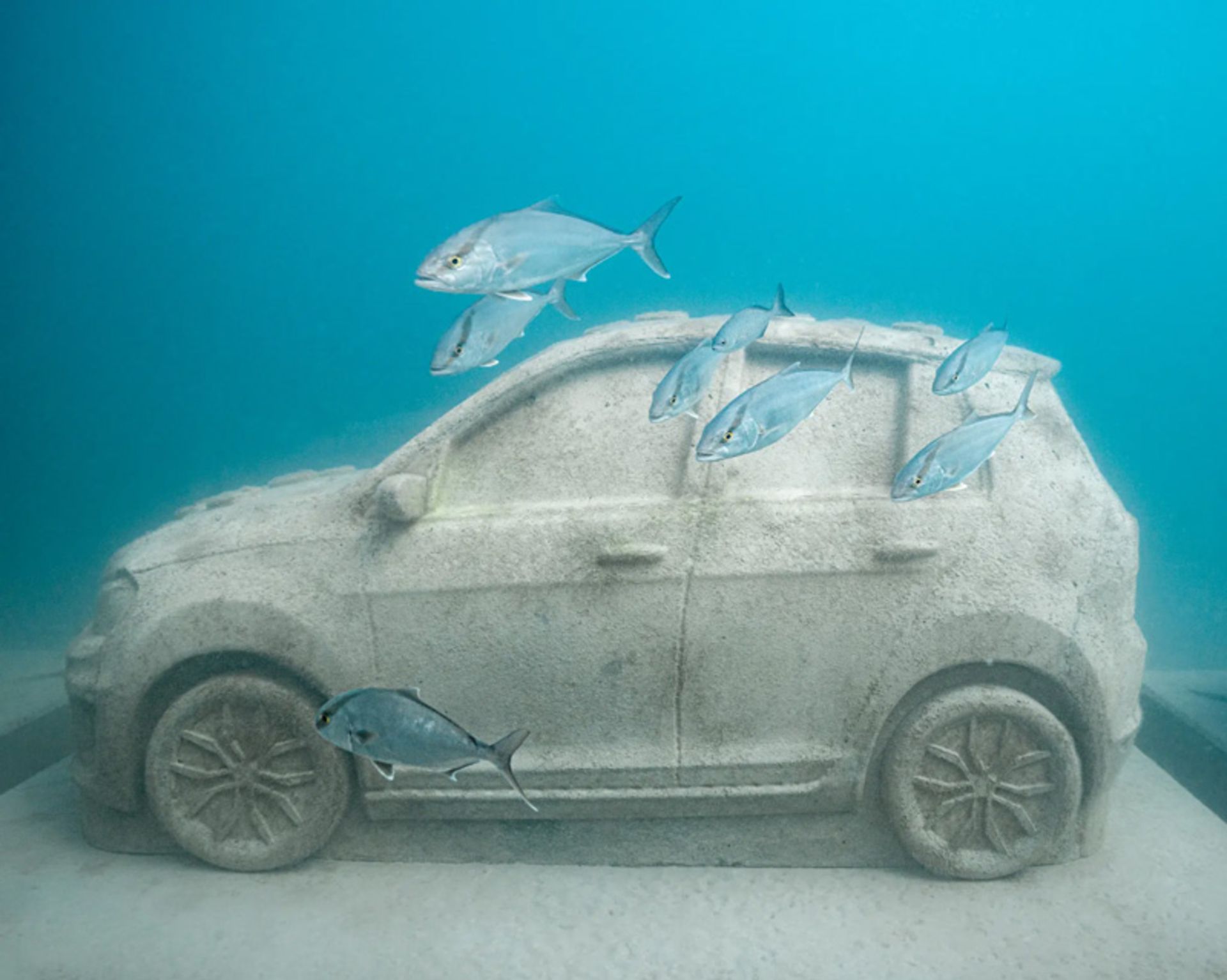 موجودات آبزی اطراف مجسمه خودروی بتنی زیر آب