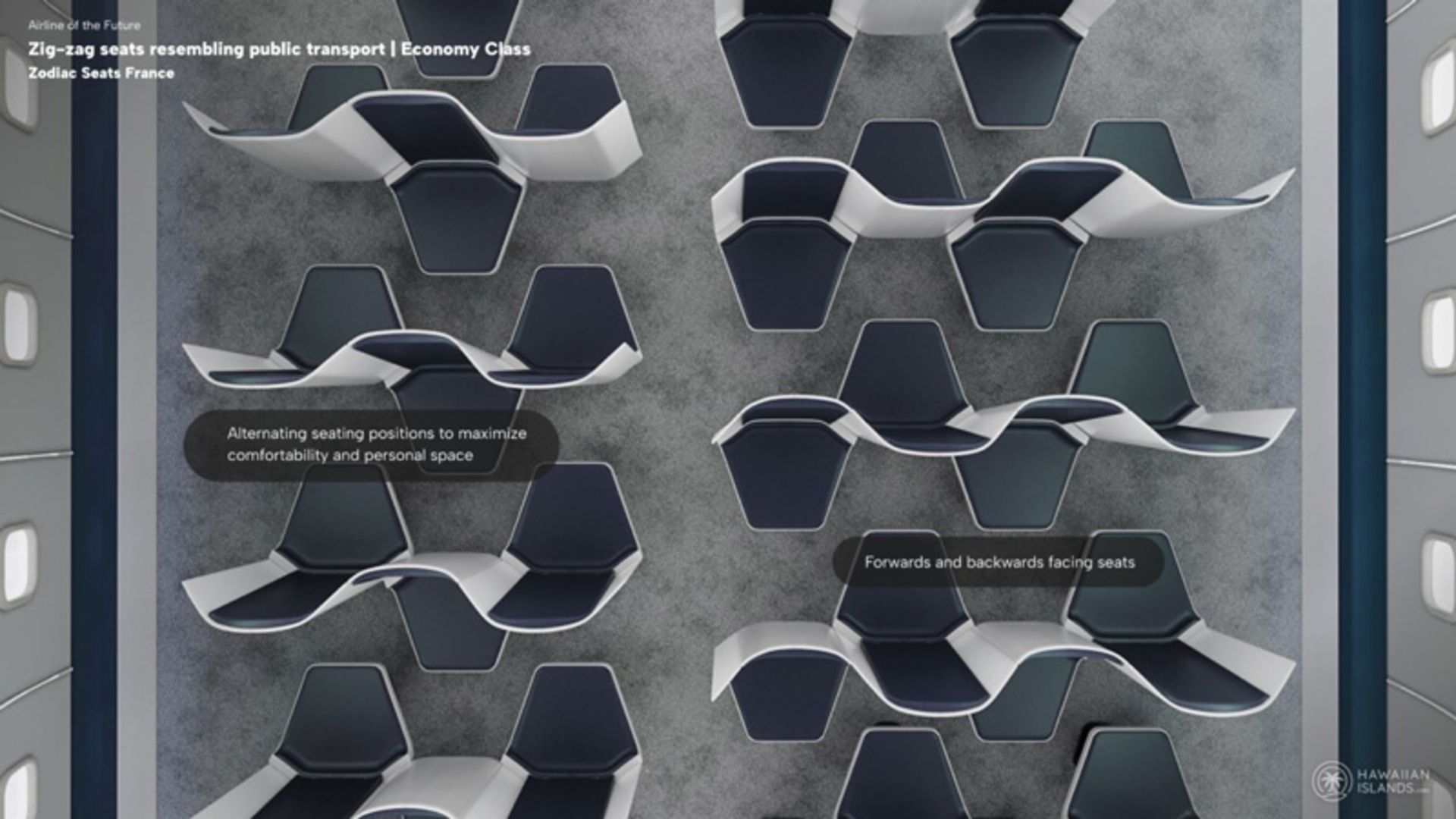 صندلی‌های زیگزاگی در سالن هواپیما