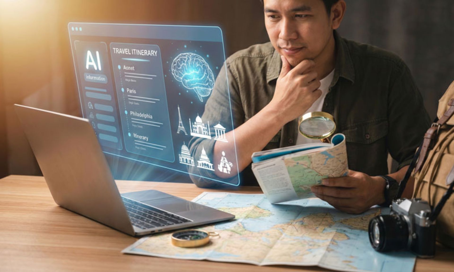 مردی در حال برنامه‌ریزی سفر با هوش مصنوعی