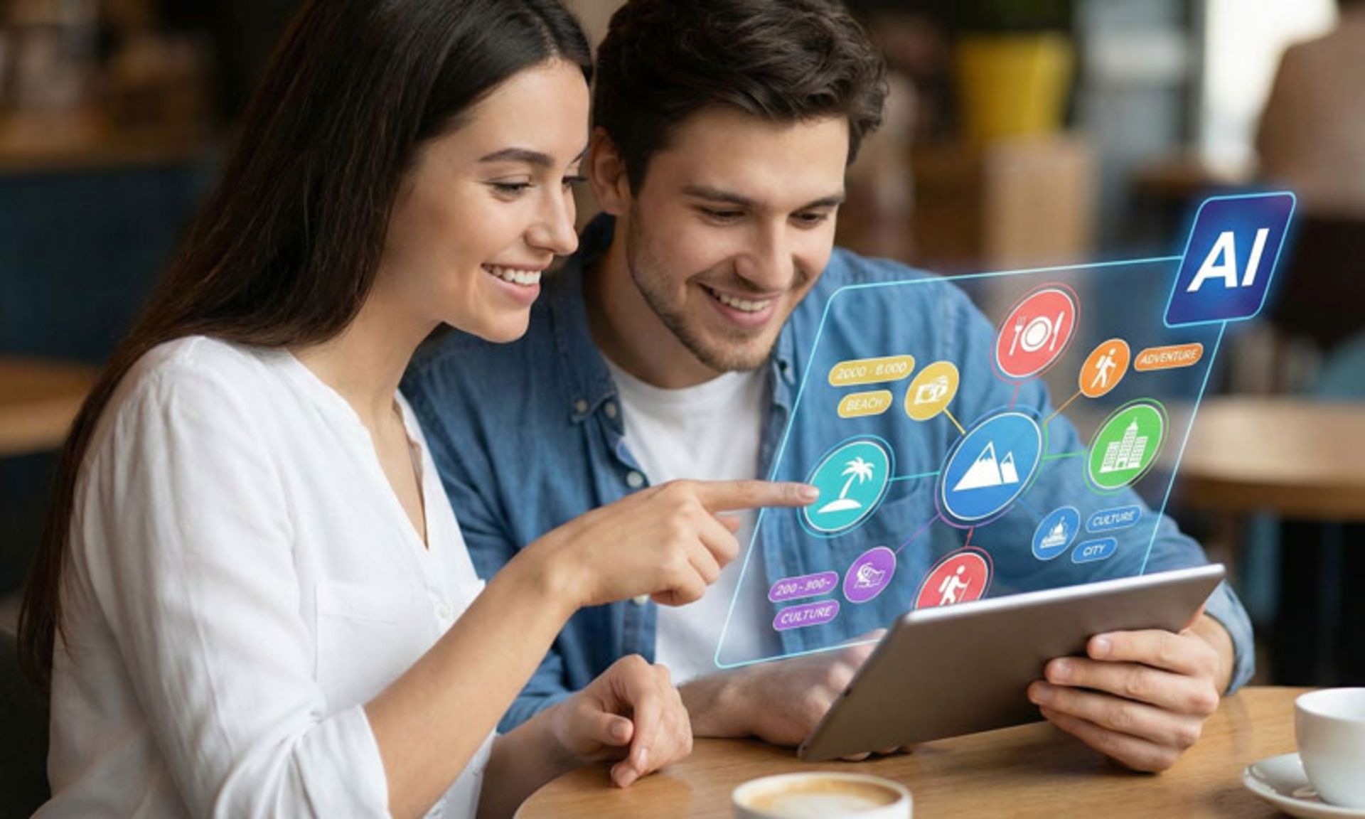 زن و مردی در حال برنامه‌ریزی سفر با هوش مصنوعی