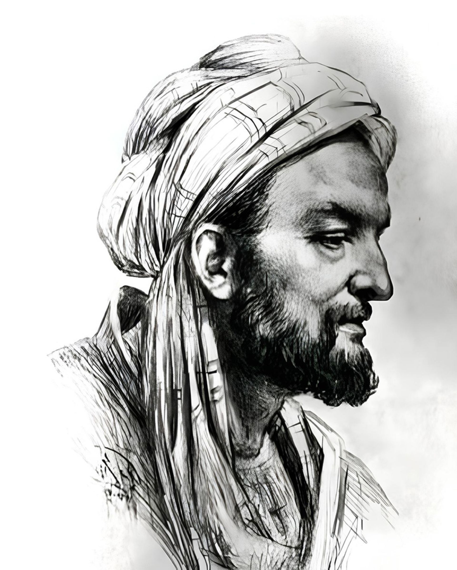 نقاشی چهره ابوعلی سینا به رنگ سیاه و سفید