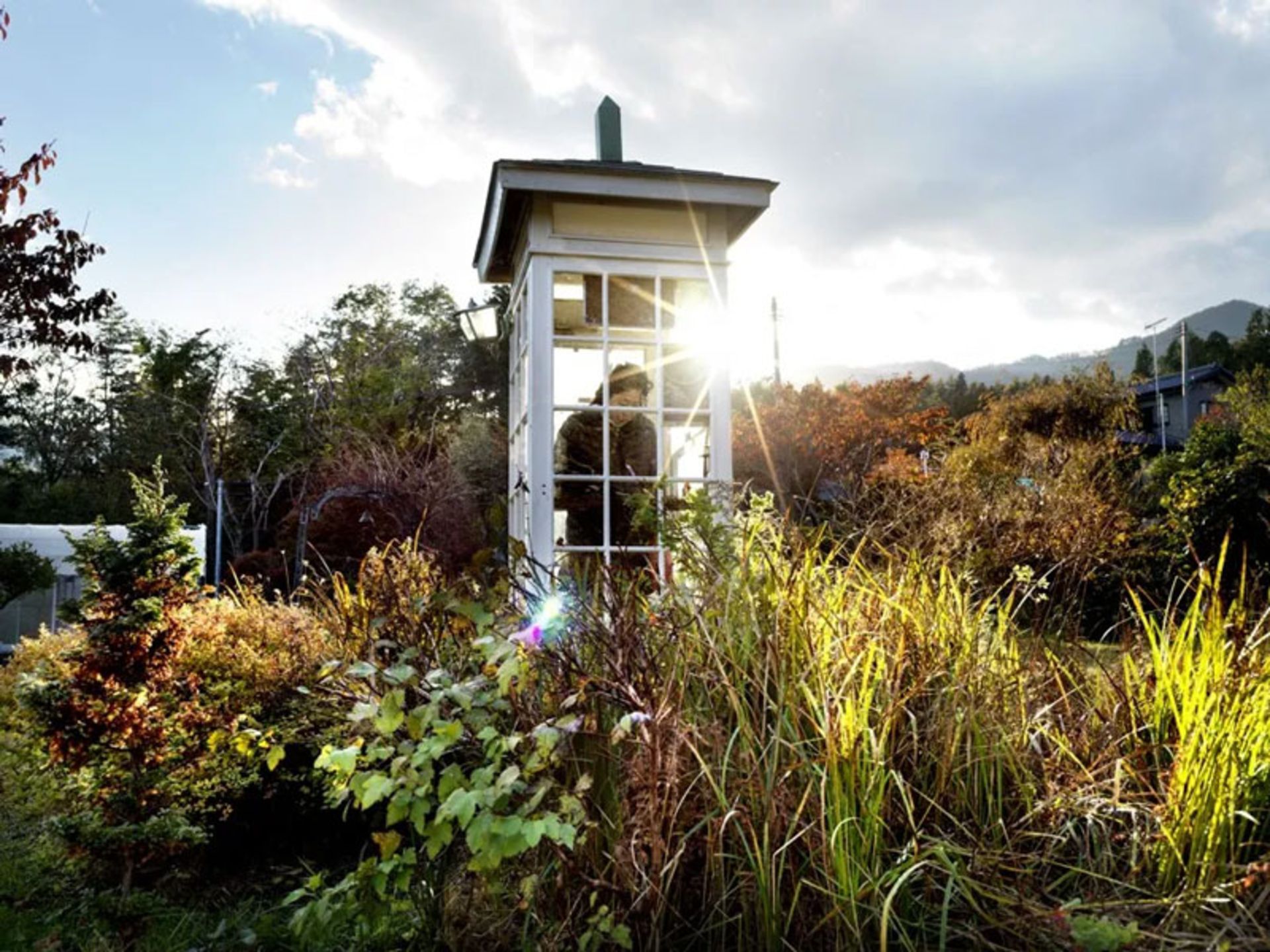 تابش نور خورشید از میان شیشه‌های باجه تلفن