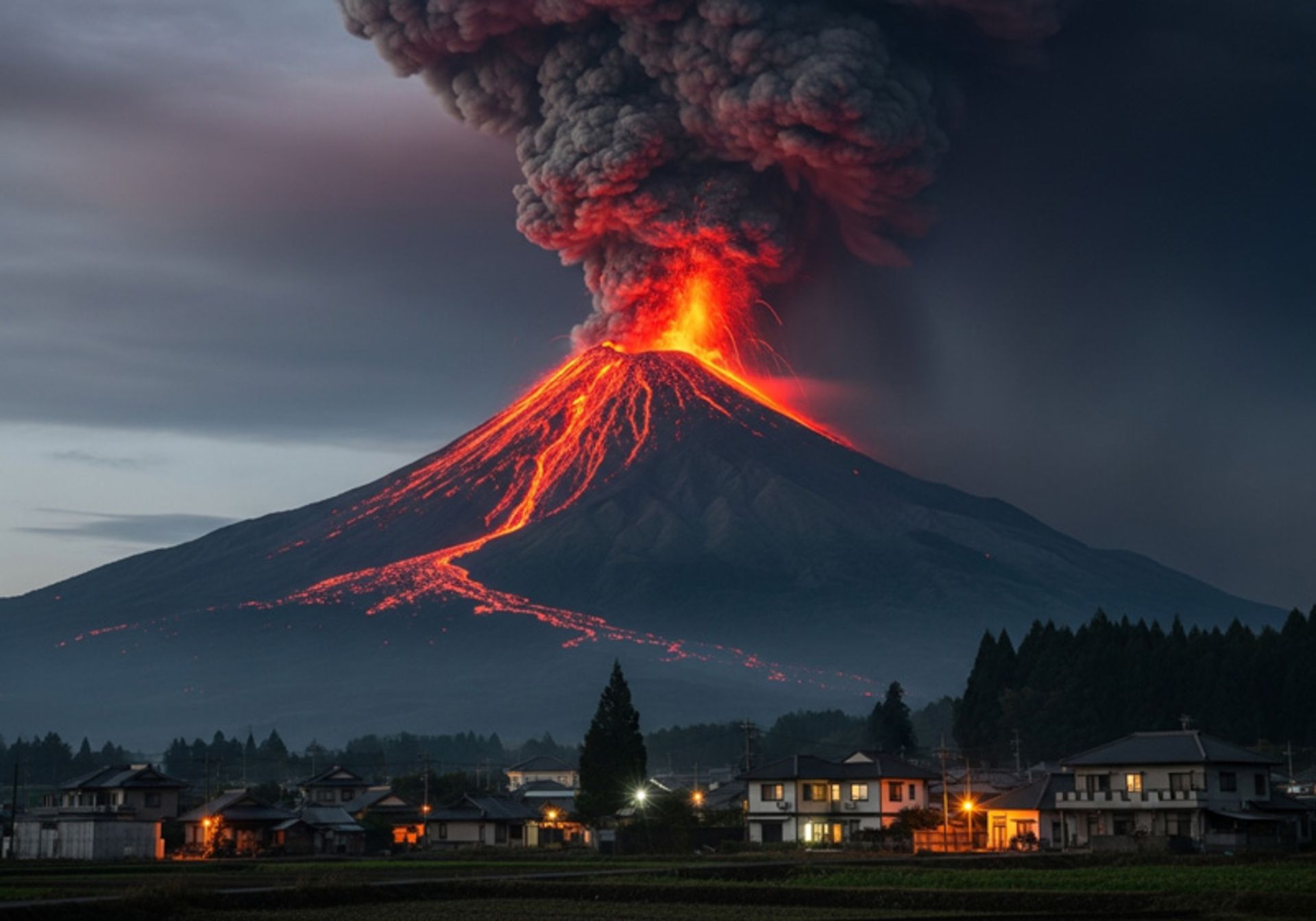 فوران آتشفشان و روستایی در دامنه کوه