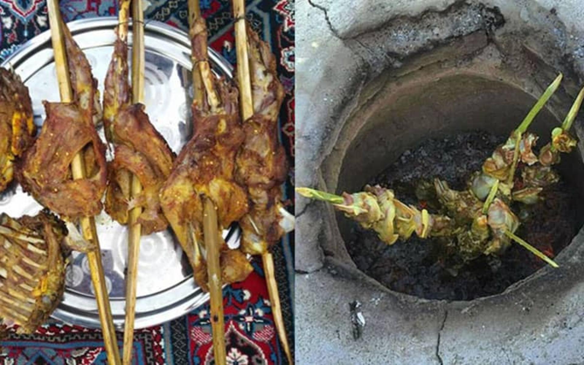 کباب تنورچه در سیخ هایی از چوب درخت