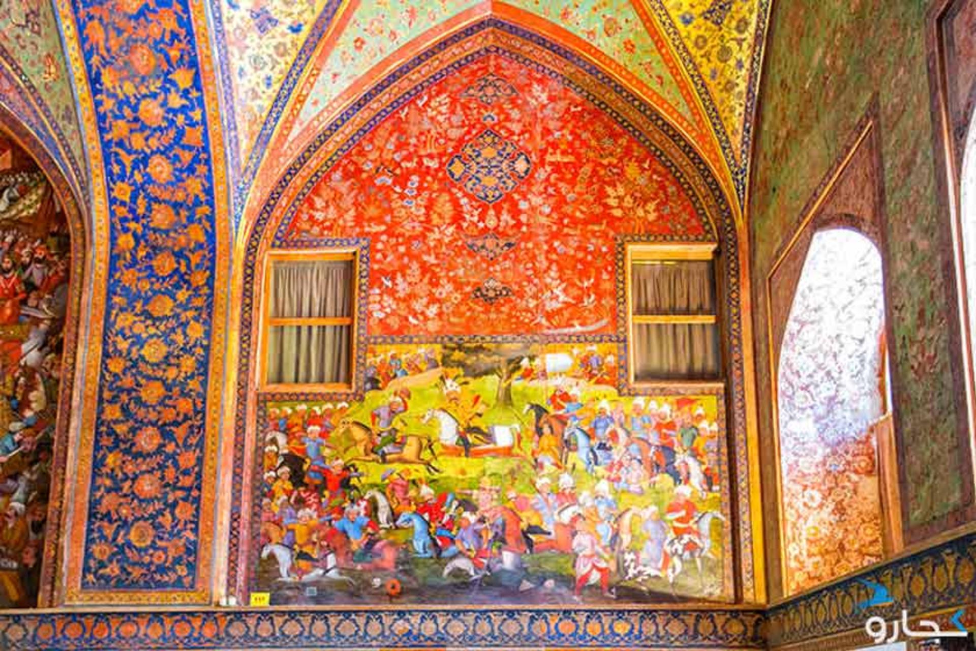 نقاشی شاه اسماعیل یکم در جنگ با شیبک خان ازبک کاخ چهلستون
