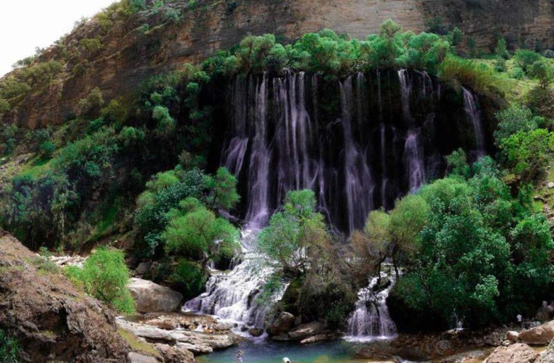 آبشار شوی میان درختان سرسبز کوه