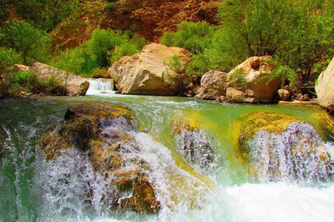 جریان آب روس سنگ ها و صخره ها و بوته های سبز در تنگه دم اسب