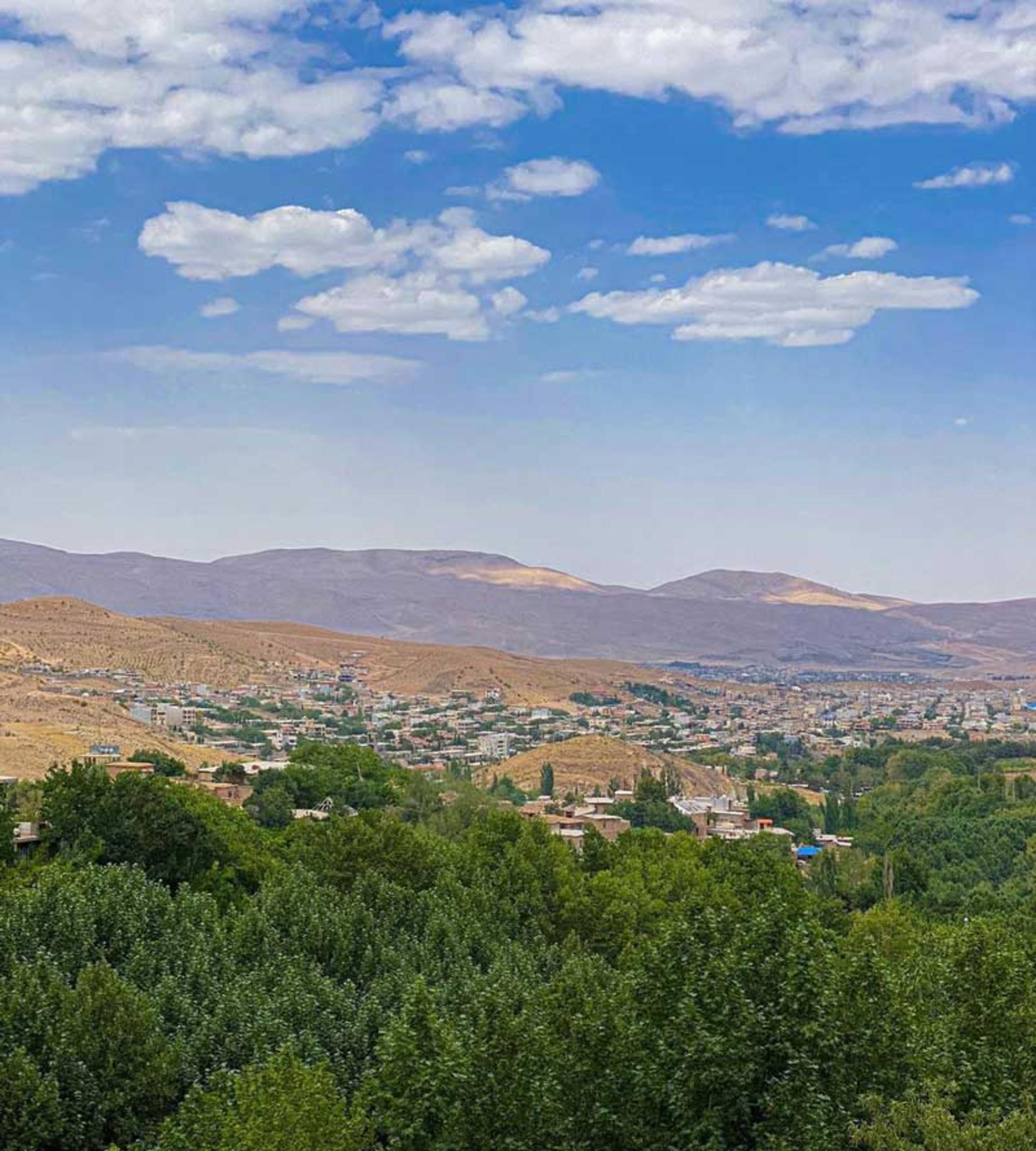 درختان مشرف به روستای قلات شیراز زیر آسمان آبی