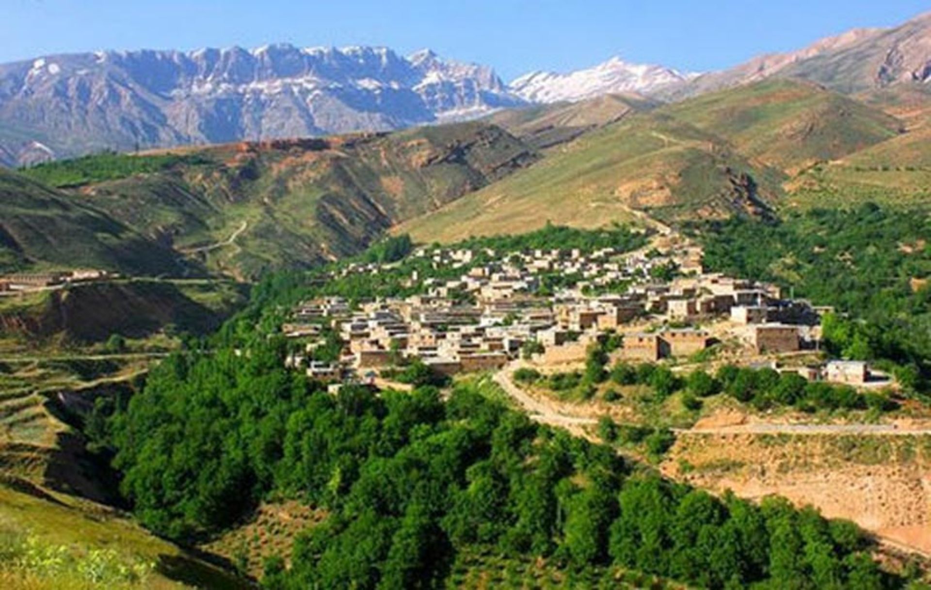 درختان انبوه سبز در جوار روستای کوهستانی سیور اصفهان