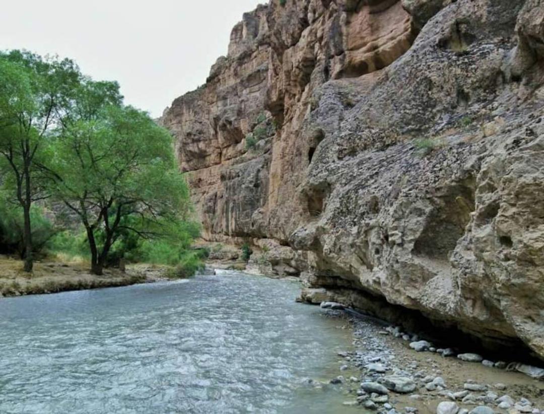 صخره های دره شمخال کنار رودخانه و درختان سبز