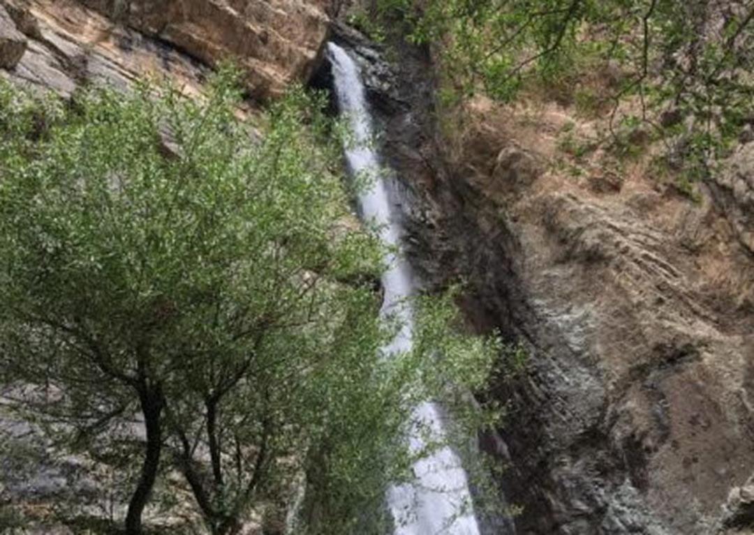 آبشار سنگان از فراز کوه پشت درخت سبز