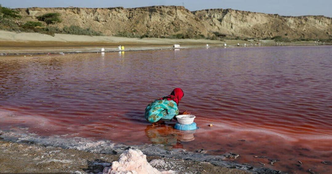 دختر بچه ای در حال جمع آوری نمک از تالاب لیپار