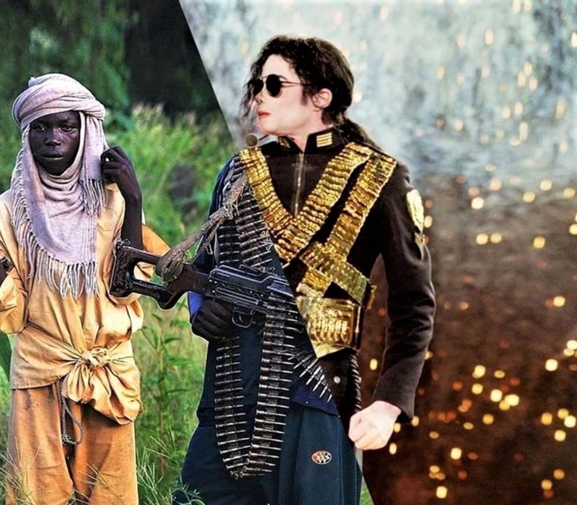 کلاژ تصویر مایکل جکسون و مردان مسلح