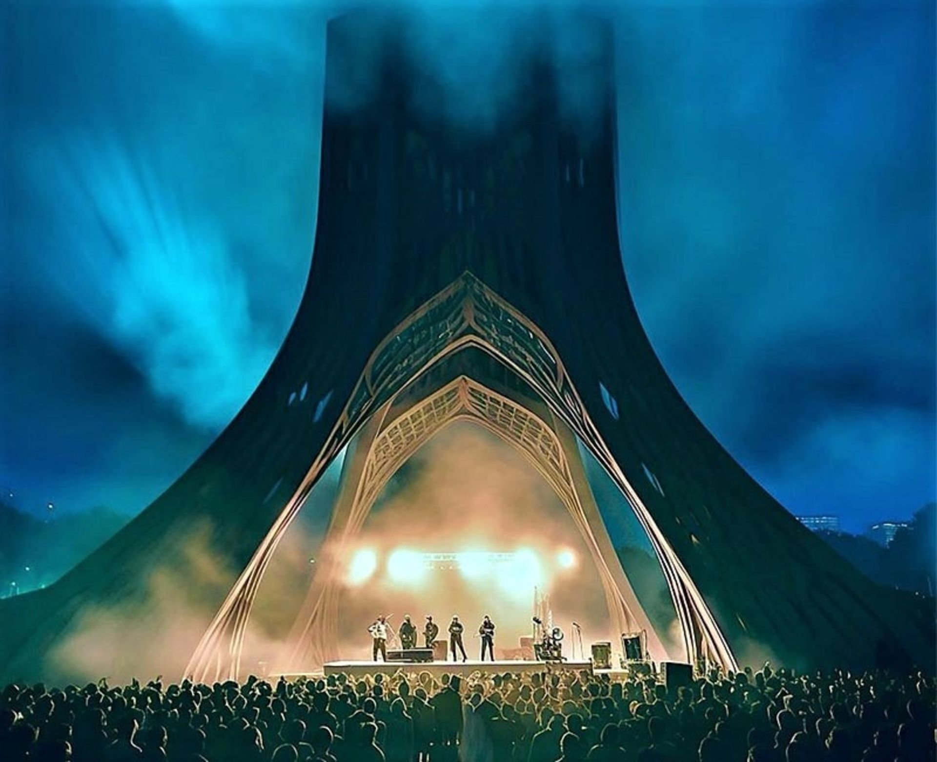 تصویرسازی هوش مصنوعی از برج آزادی برای برگزاری کنسرت