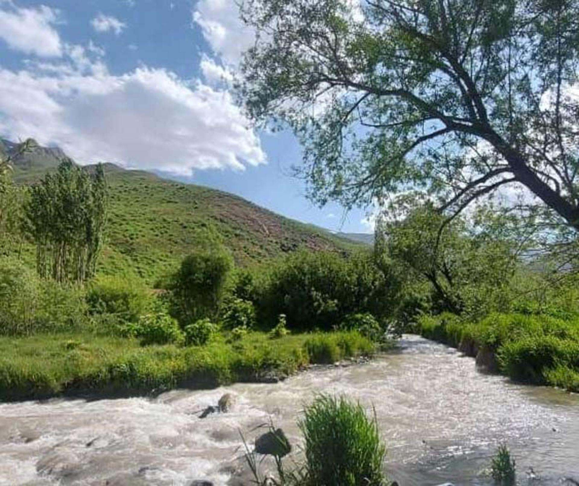 رودخانه گچسر در طبیعت تماشایی روستای گچسر زیر سمان آبی و درختان سبز، منبع عکس: صفحه اینستاگرام vandi_hice_camper_، عکاس نامشخص
