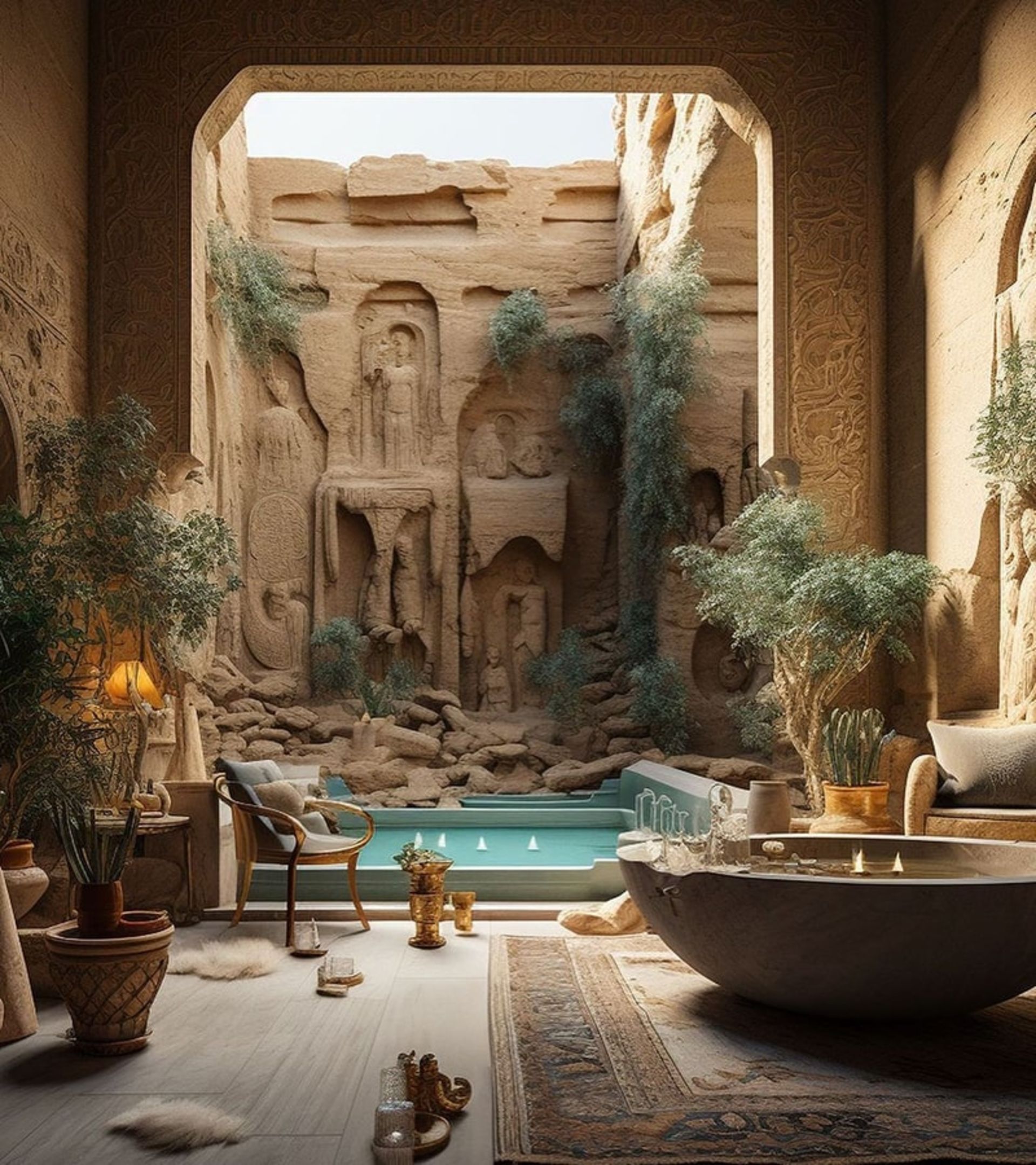 استخر کوچکی در حیاط خانه‌ای با معماری هخامنشی