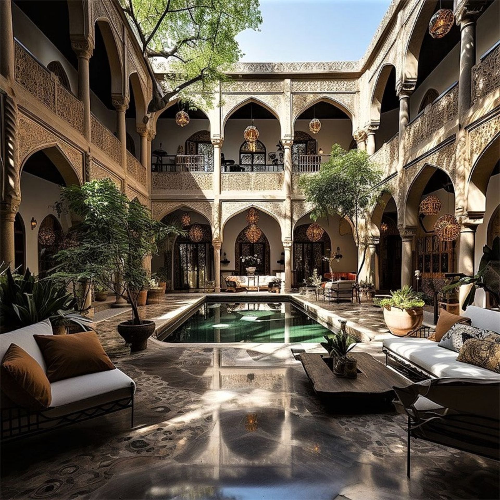 حیاط عمارتی اصفهانی با طاق‌نماهایی در اطراف
