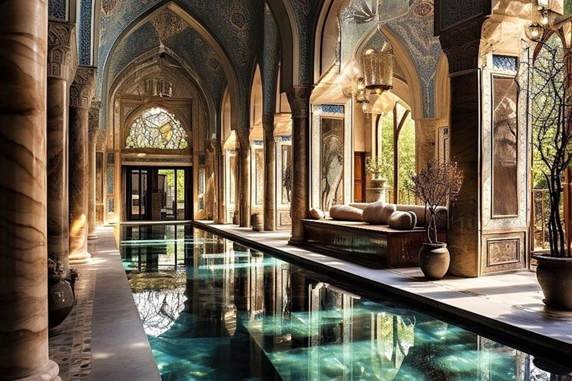 استخر بزرگی در وسط خانه‌ای با معماری اصفهانی