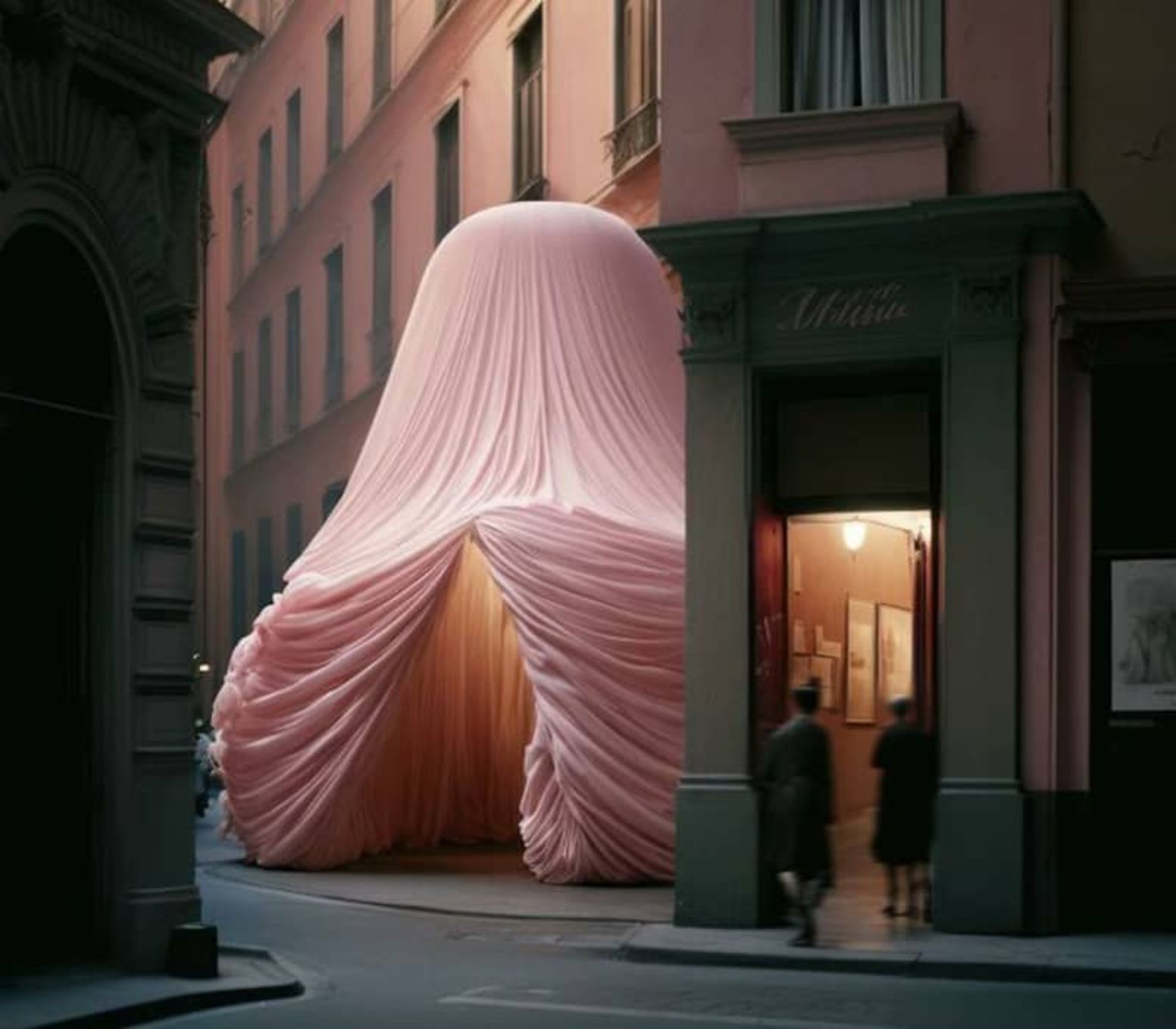 چادری صورتی در بیرون یک ساختمان