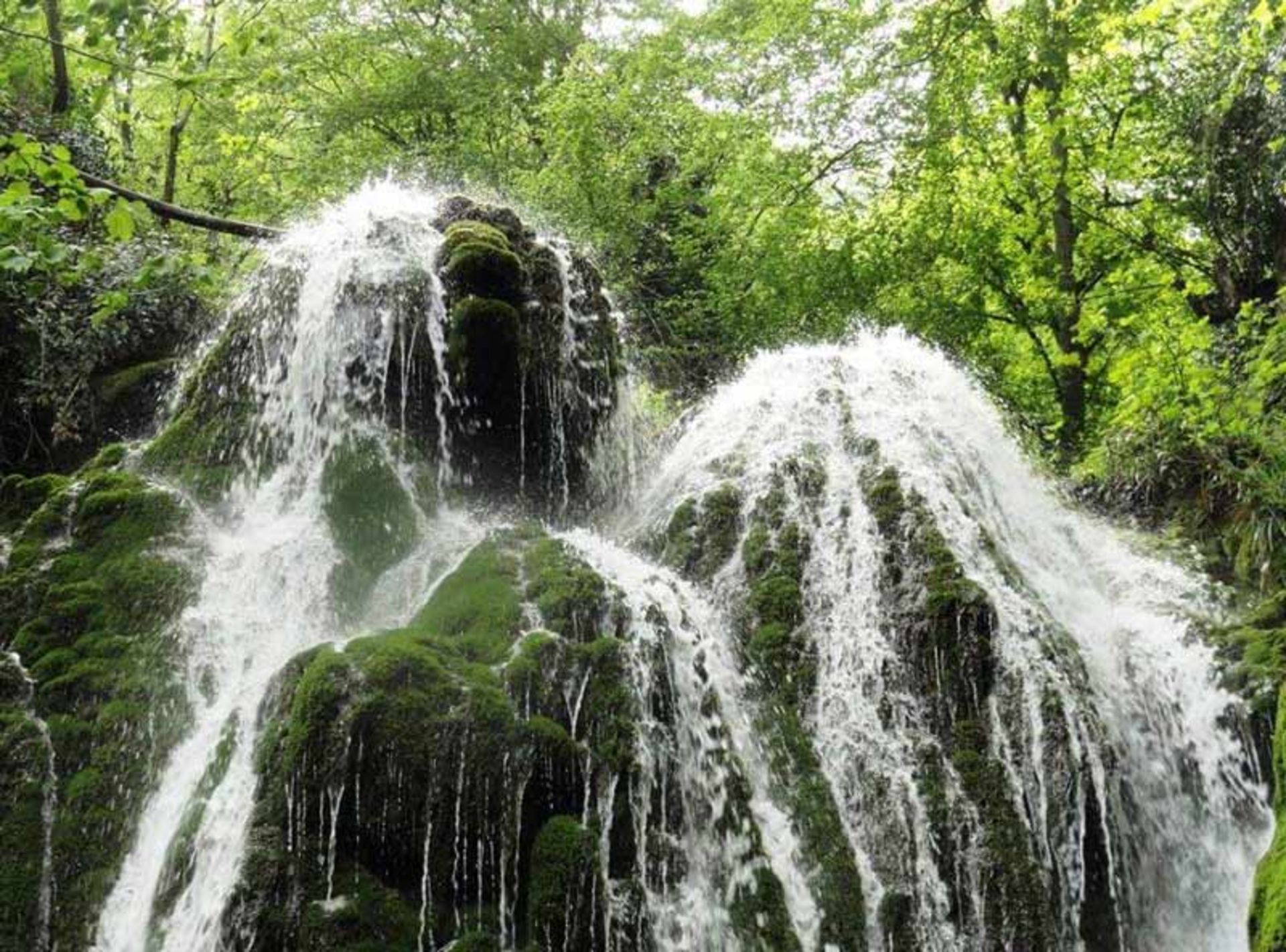 آبشار کبودوال روی صخره های خزه ای از نمای نزدیک