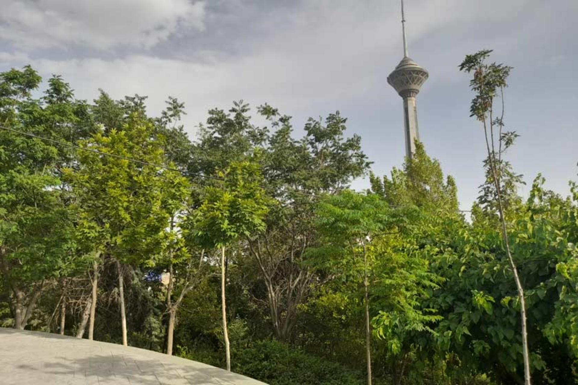 نمایی از برج میلاد از باغ راه فدک تهران
