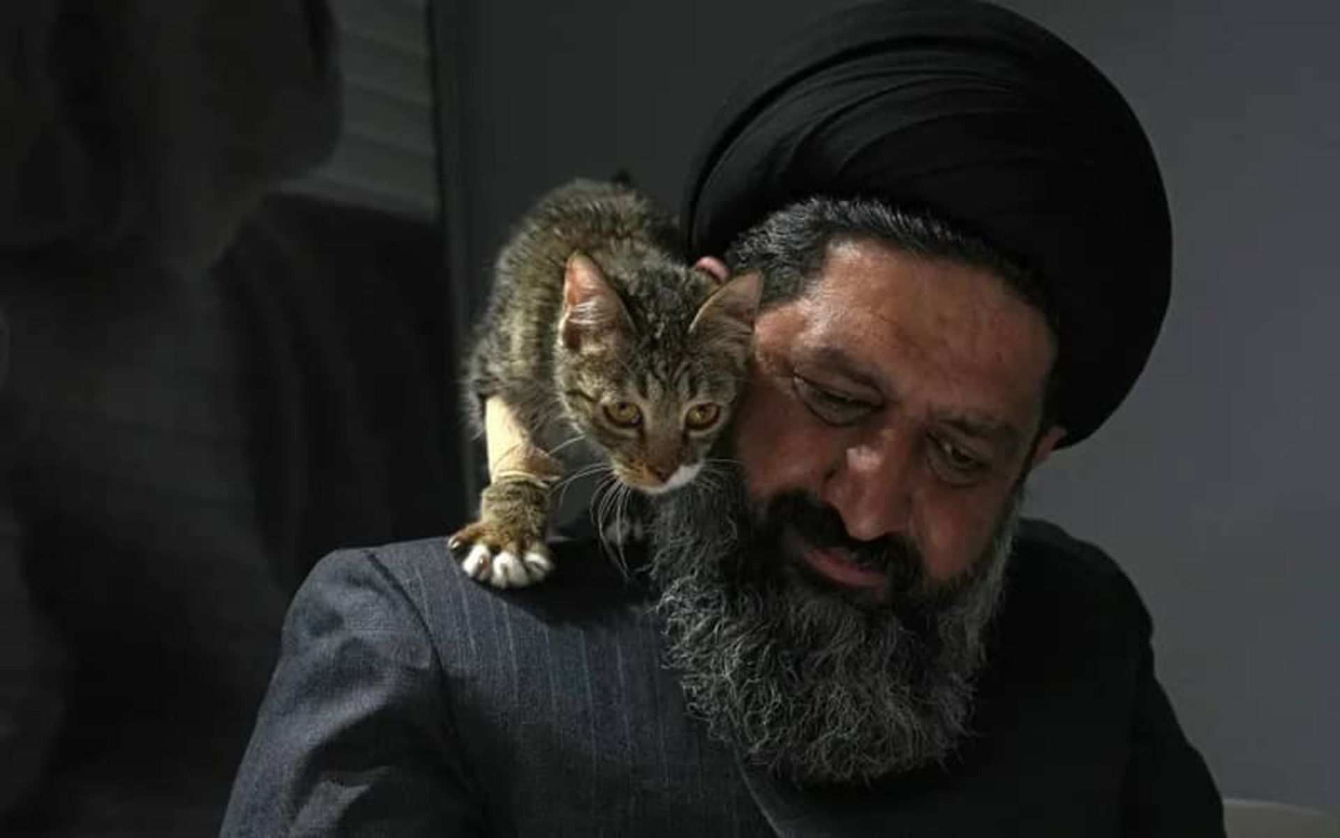 گربه ای روی دوش یک روحانی