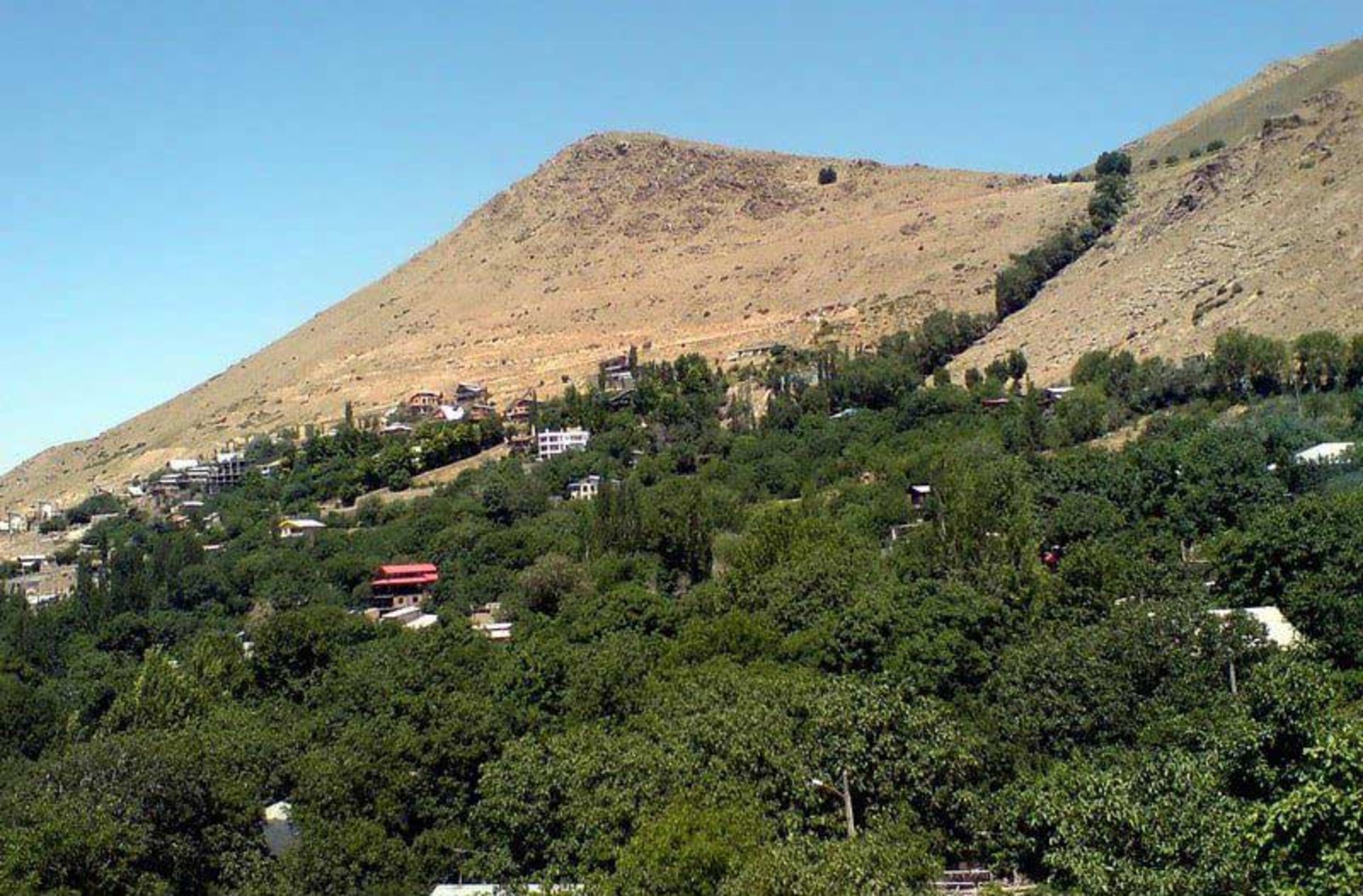 انبوه درختان سبز و خانه های روستای آینه ورزان در دامنه کوه، وب‌سایت روستای آینه ورزان (ainevarzan.com)، عکاس نامشخص