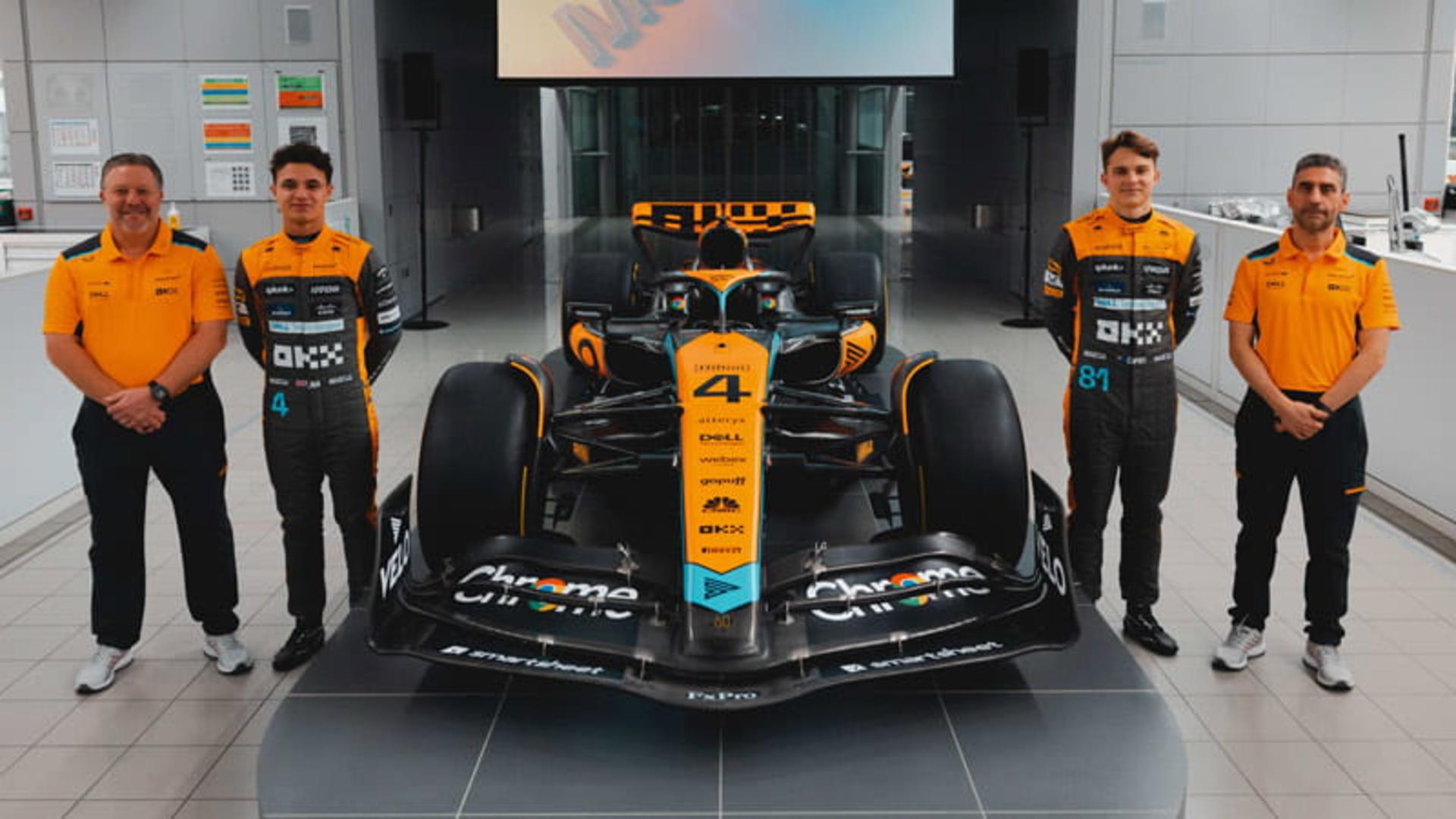 رانندگان و مربیان تیم فرمول یک ۲۰۲۳ مک لارن، منبع عکس: سایت www.formula1.com، عکاس نامشخص