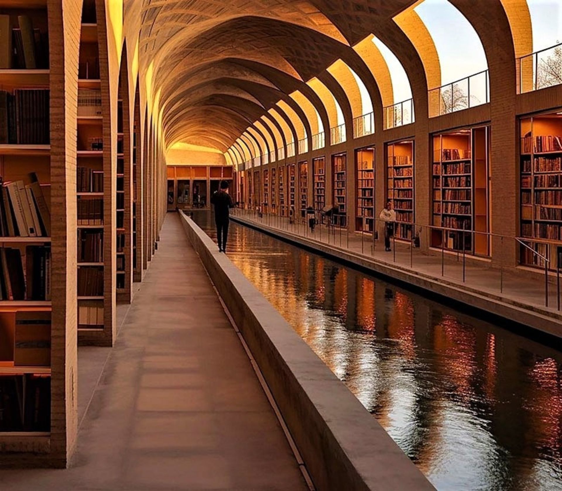 جریان آب در وسط کتابخانه ای با طرح پل خواجو
