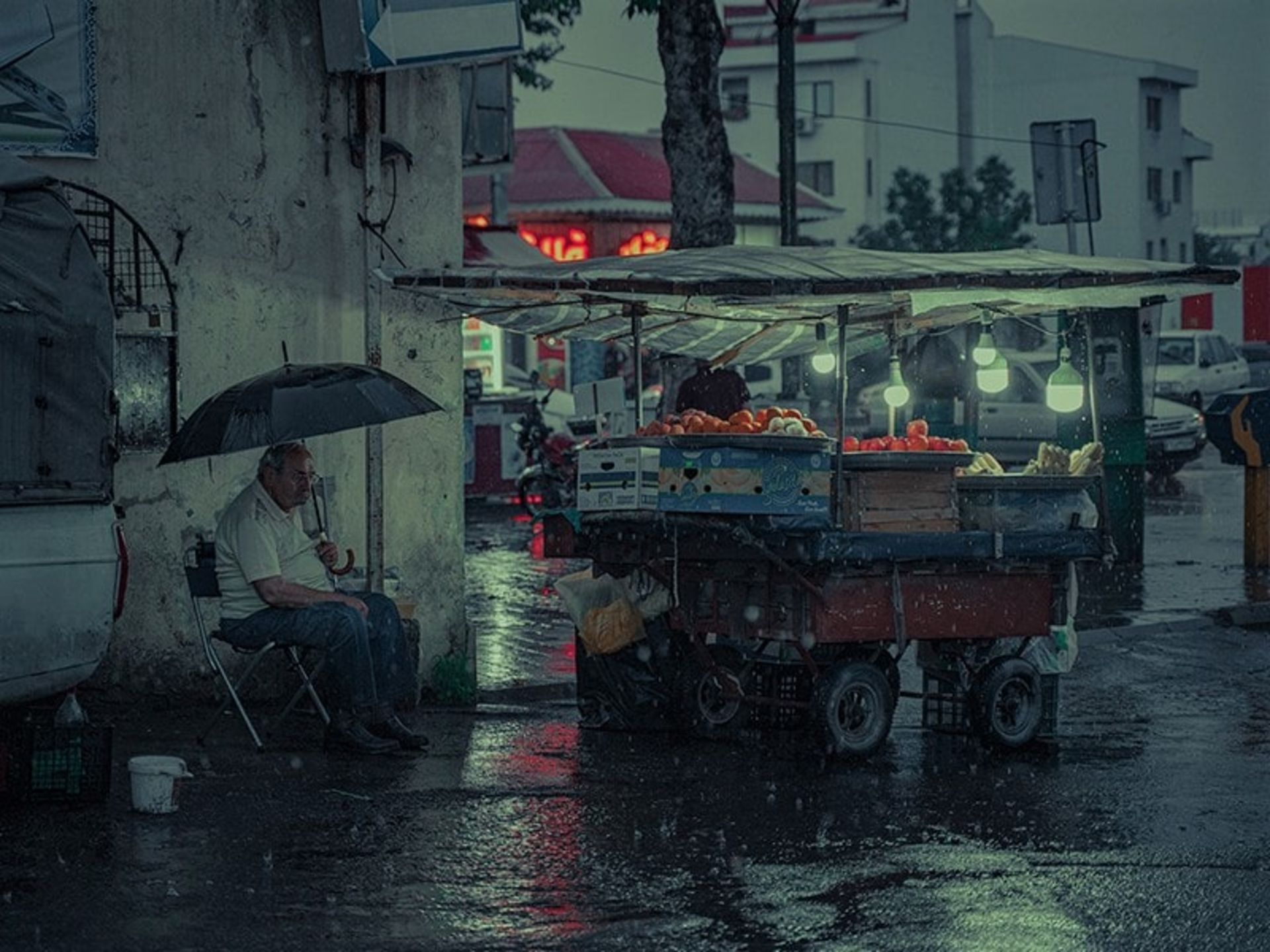 فروش میوه زیر باران در رشت