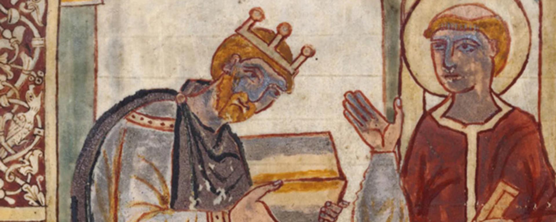 طرح کاشی کاری قدیمی از شاه انگلستان در برابر قدیس؛ منبع عکس: The Historic England Blog، عکاس: نامشخص