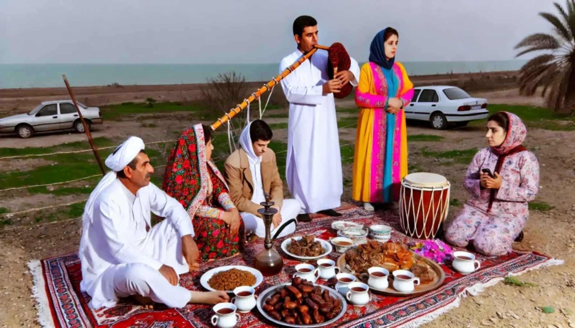 نواختن سازهای محلی در شب یلدای هرمزگان؛ منبع عکس: سایت kojabama.com. عکاس: نامشخص