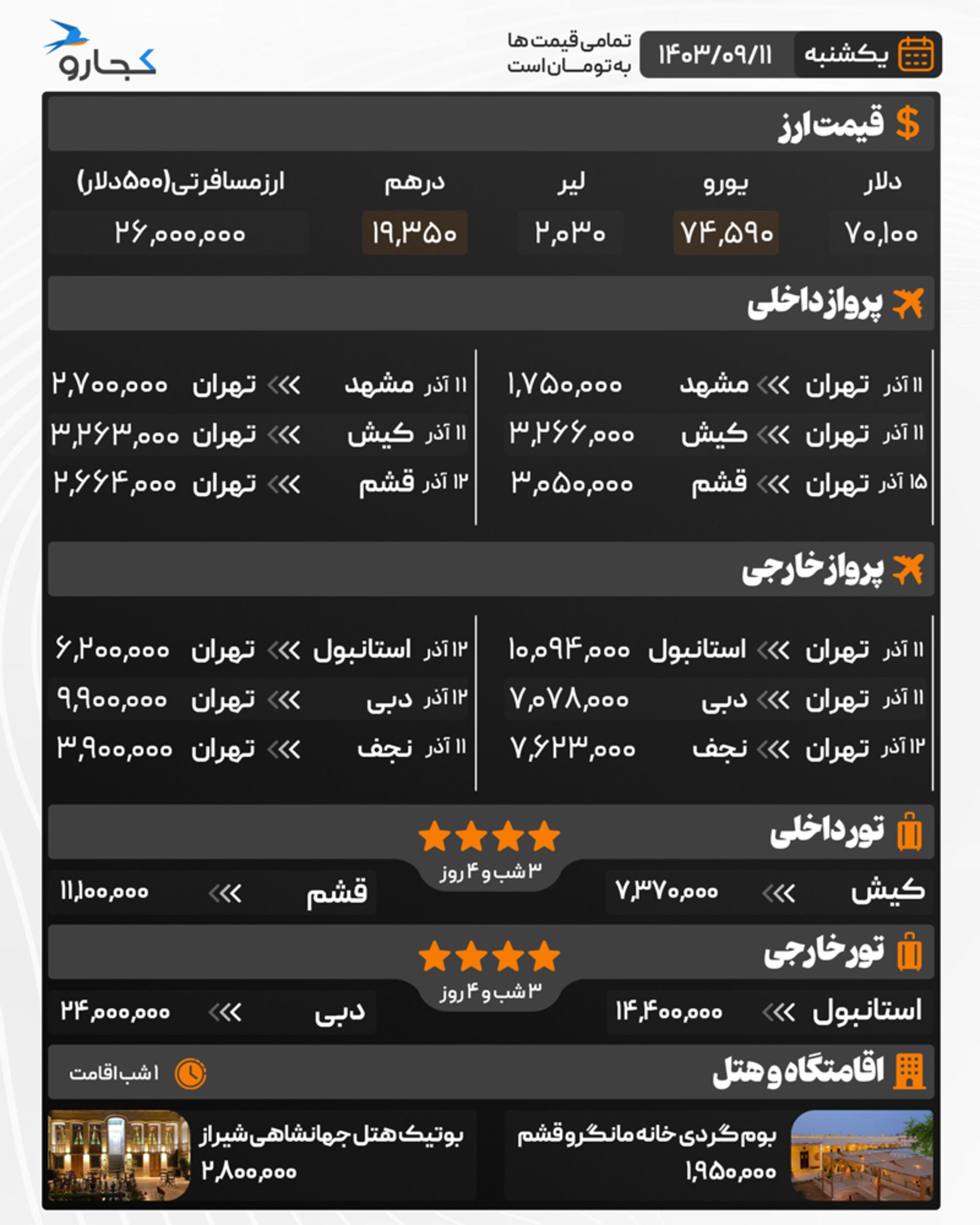 قیمت خدمات سفر ۱۱ آذر ۱۴۰۳
