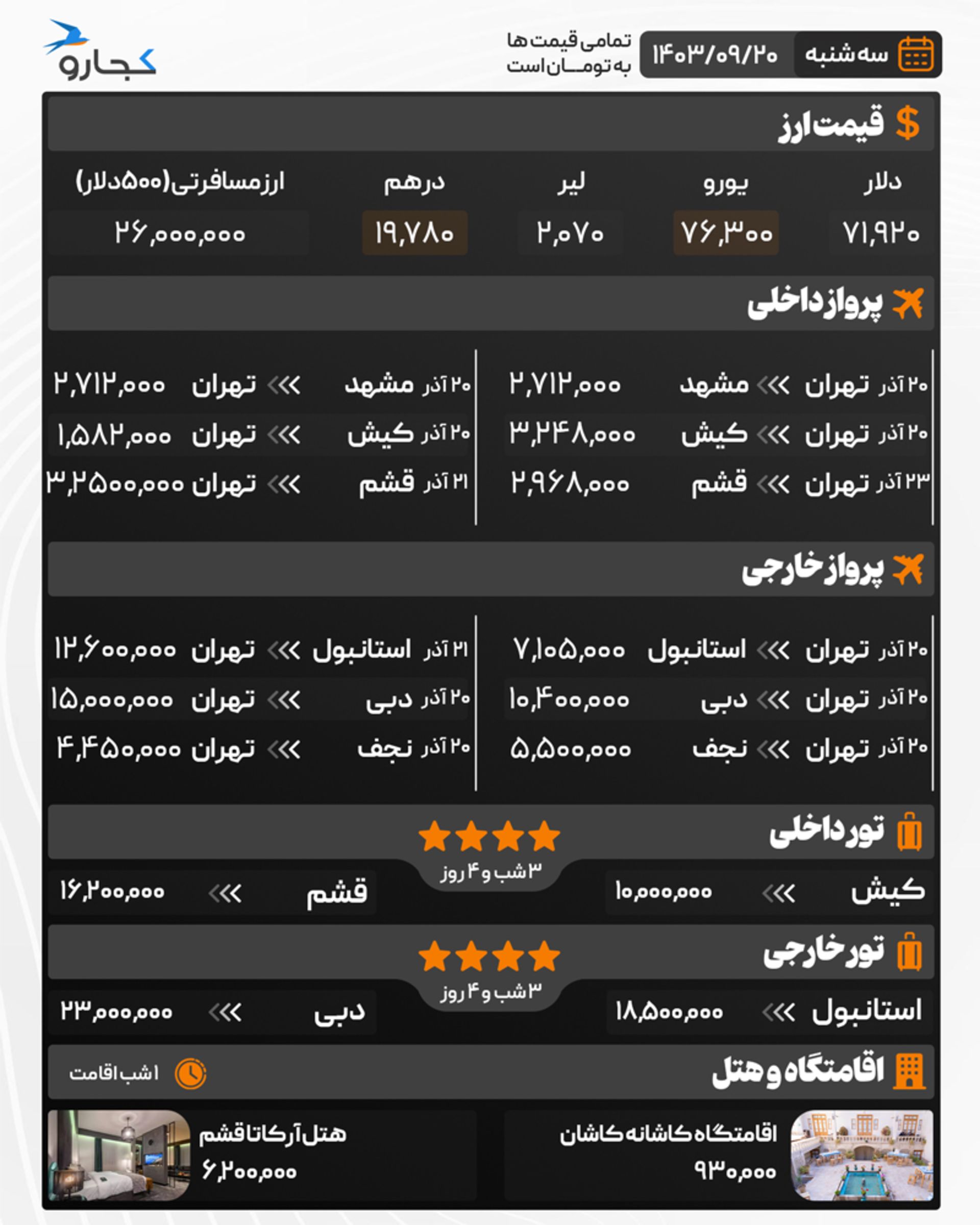 قیمت خدمات سفر ۲۰ آذر ۱۴۰۳