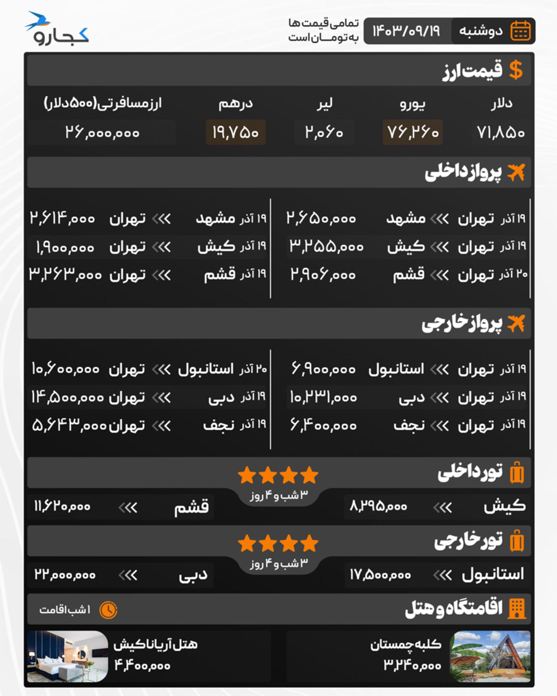 قیمت خدمات سفر ۱۹ آذر ۱۴۰۳