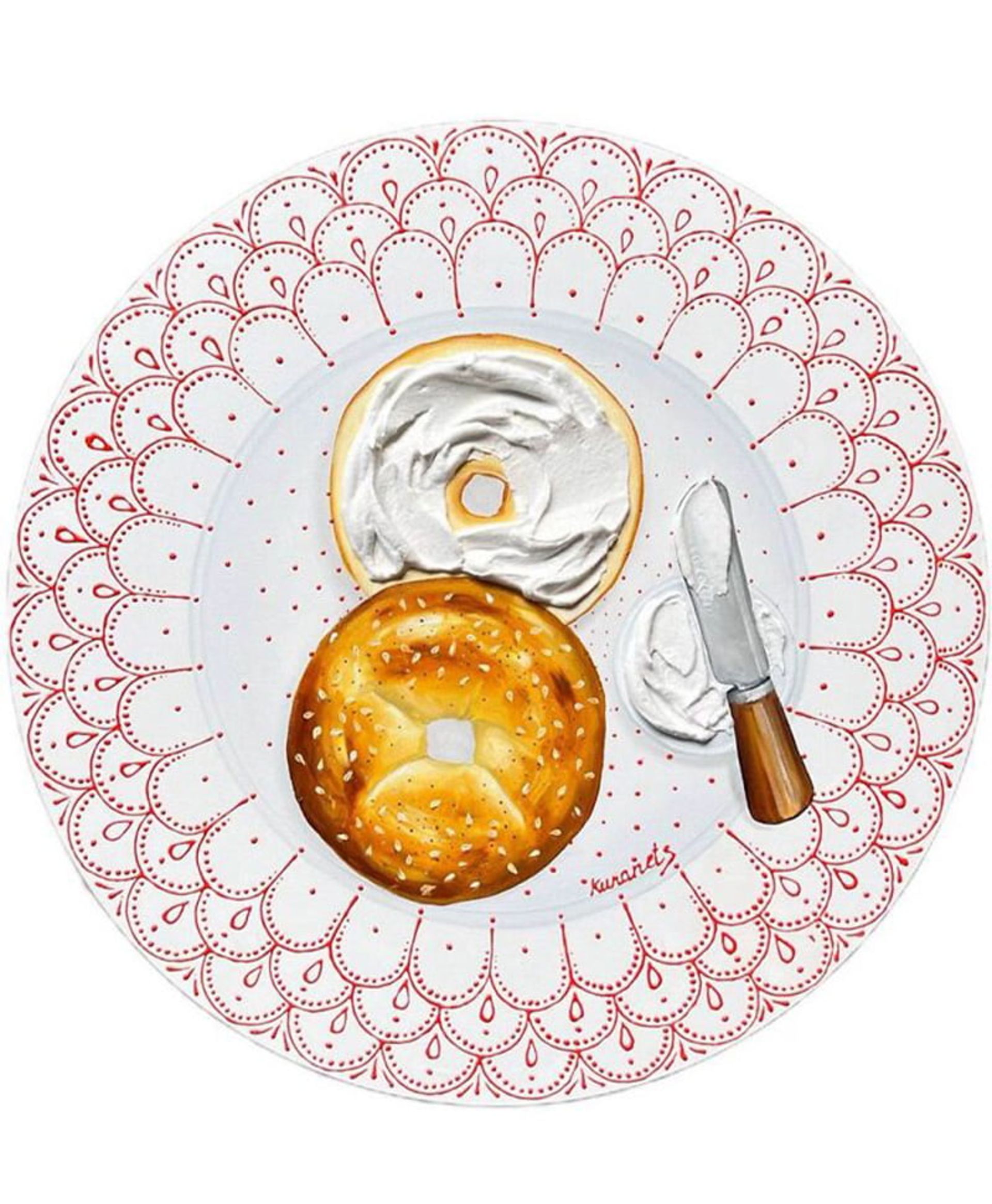 نقاشی نان بیگل برش خورده با پنیر