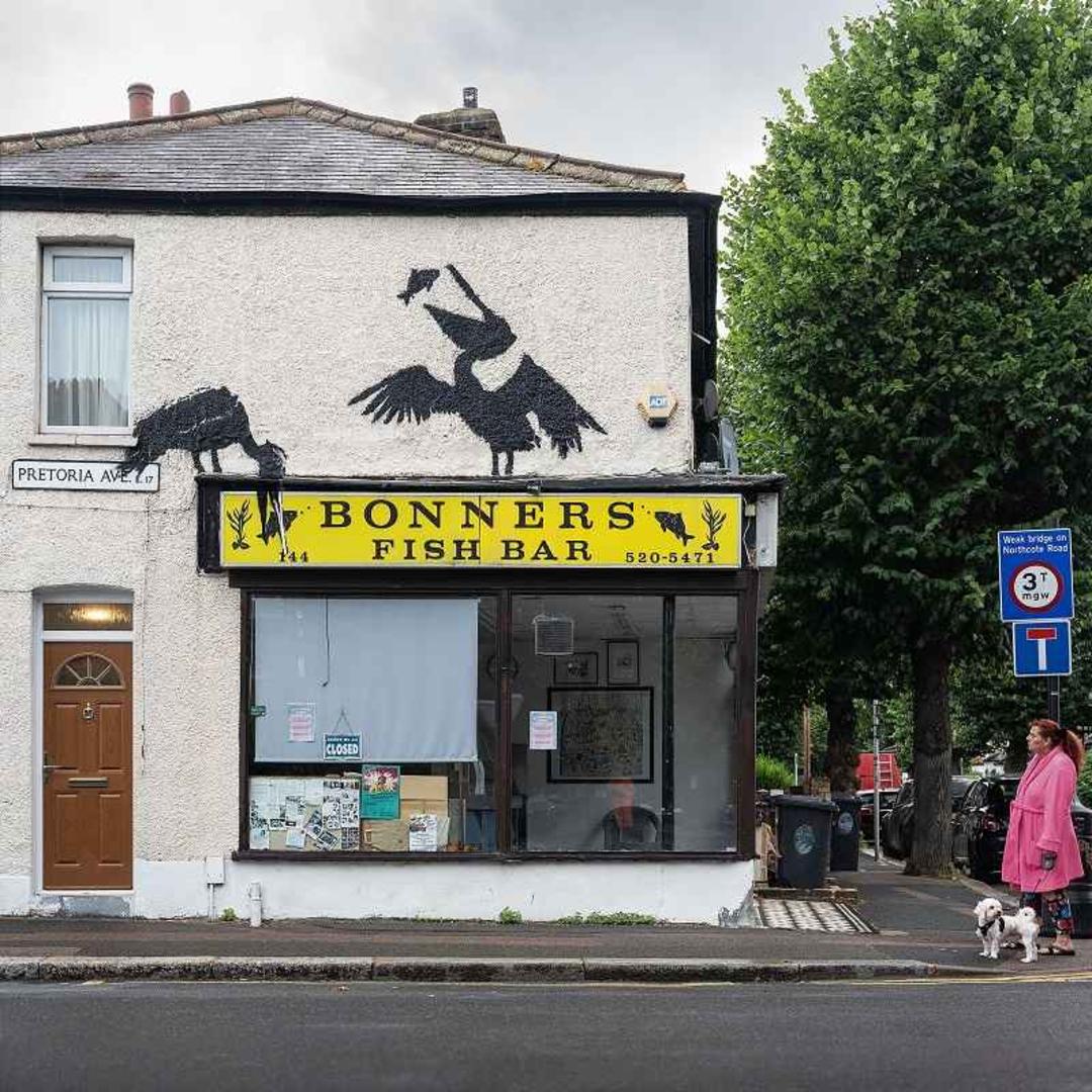نقاشی مرغ های ماهی خور جدیدترین اثر بنکسی؛ منبع عکس وب سایت Banksy.co.uk