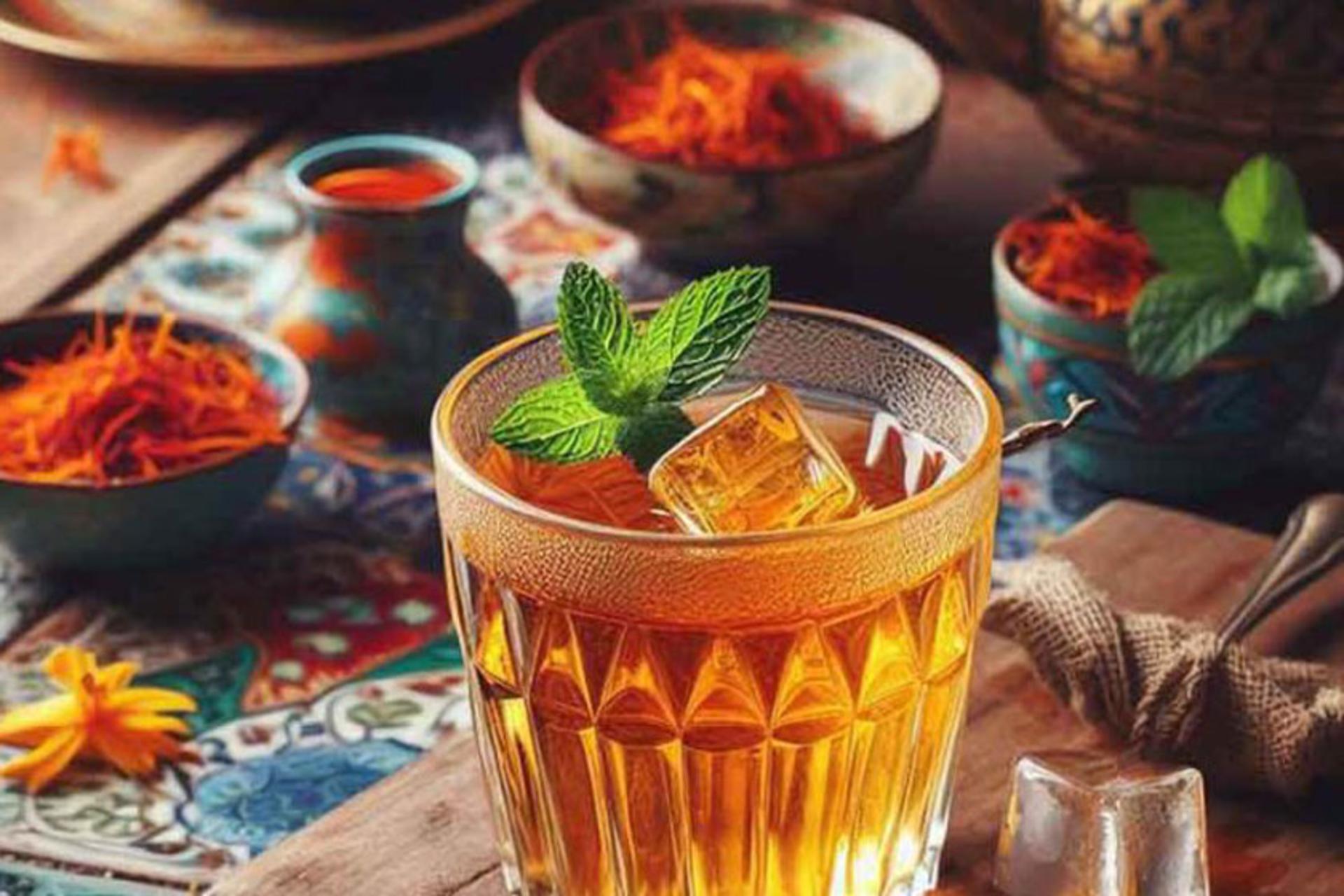 شربت زعفران با تزیین برگ نعنا؛ منبع عکس: وب سایت mealscook.com؛ عکاس: نامشخص
