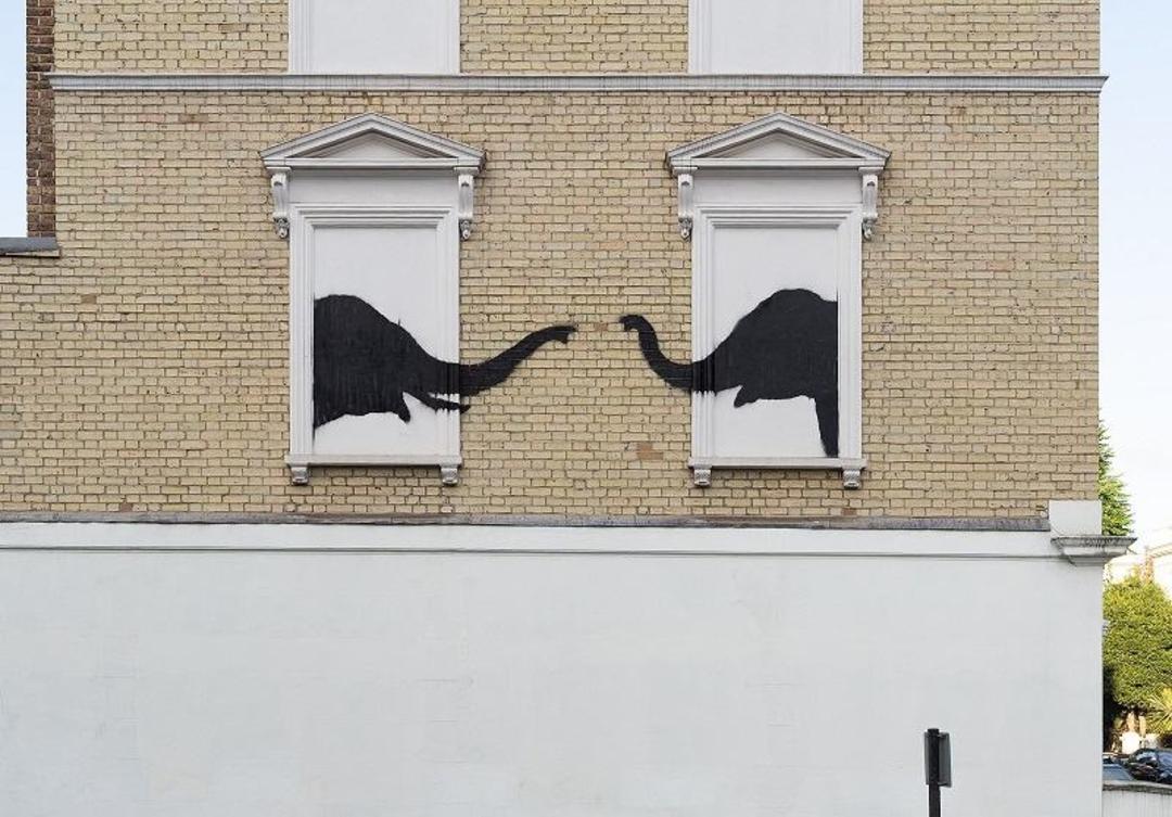 نقاشی فیل روی پنجره های یک ساختمان اثر بنکسی؛ منبع عکس وب سایت Banksy.co.uk