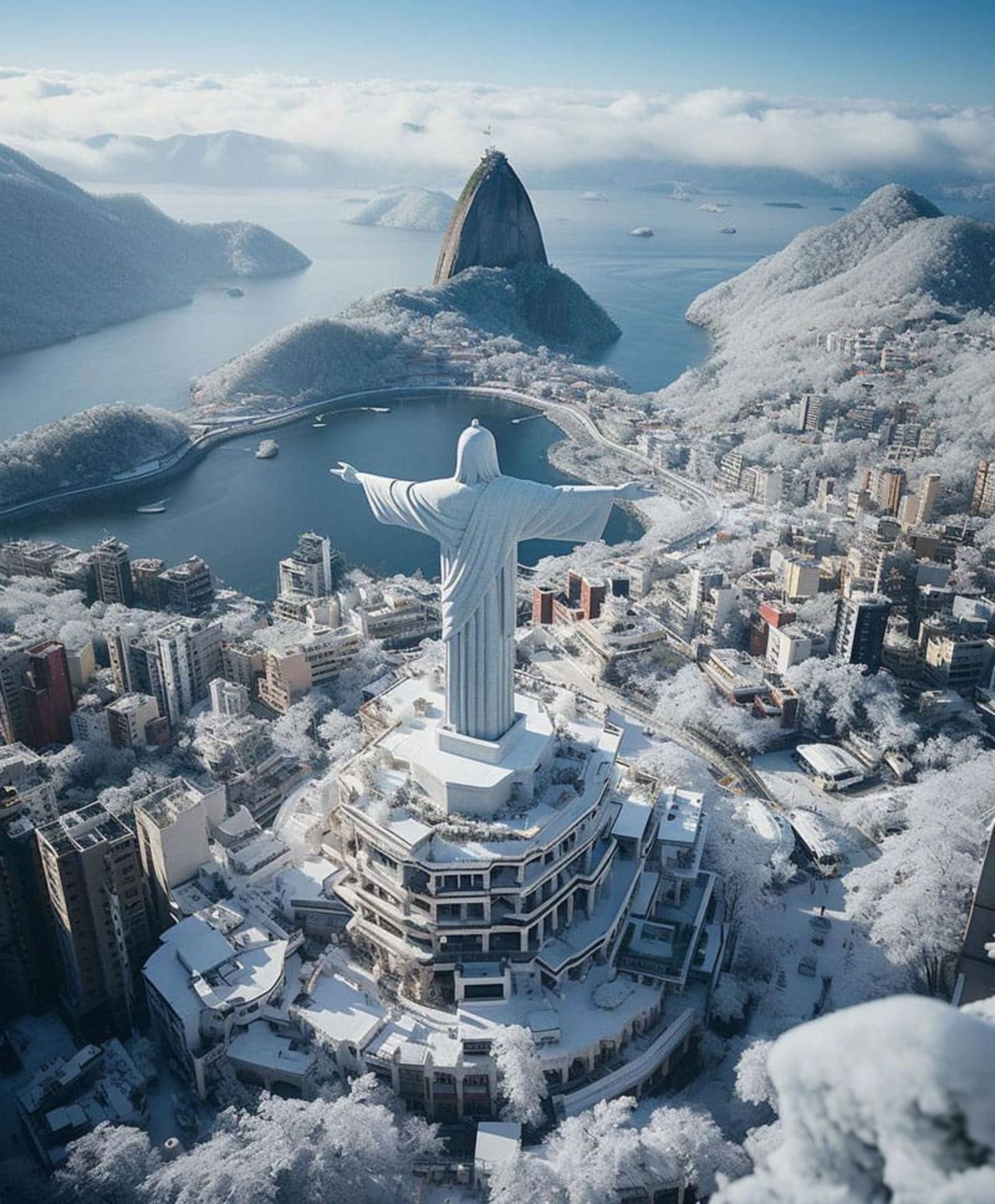 شهر ریو دو ژانیرو (Rio de Janeiro) برزیل، مدفون در برف و سرما از نگاه هوش مصنوعی