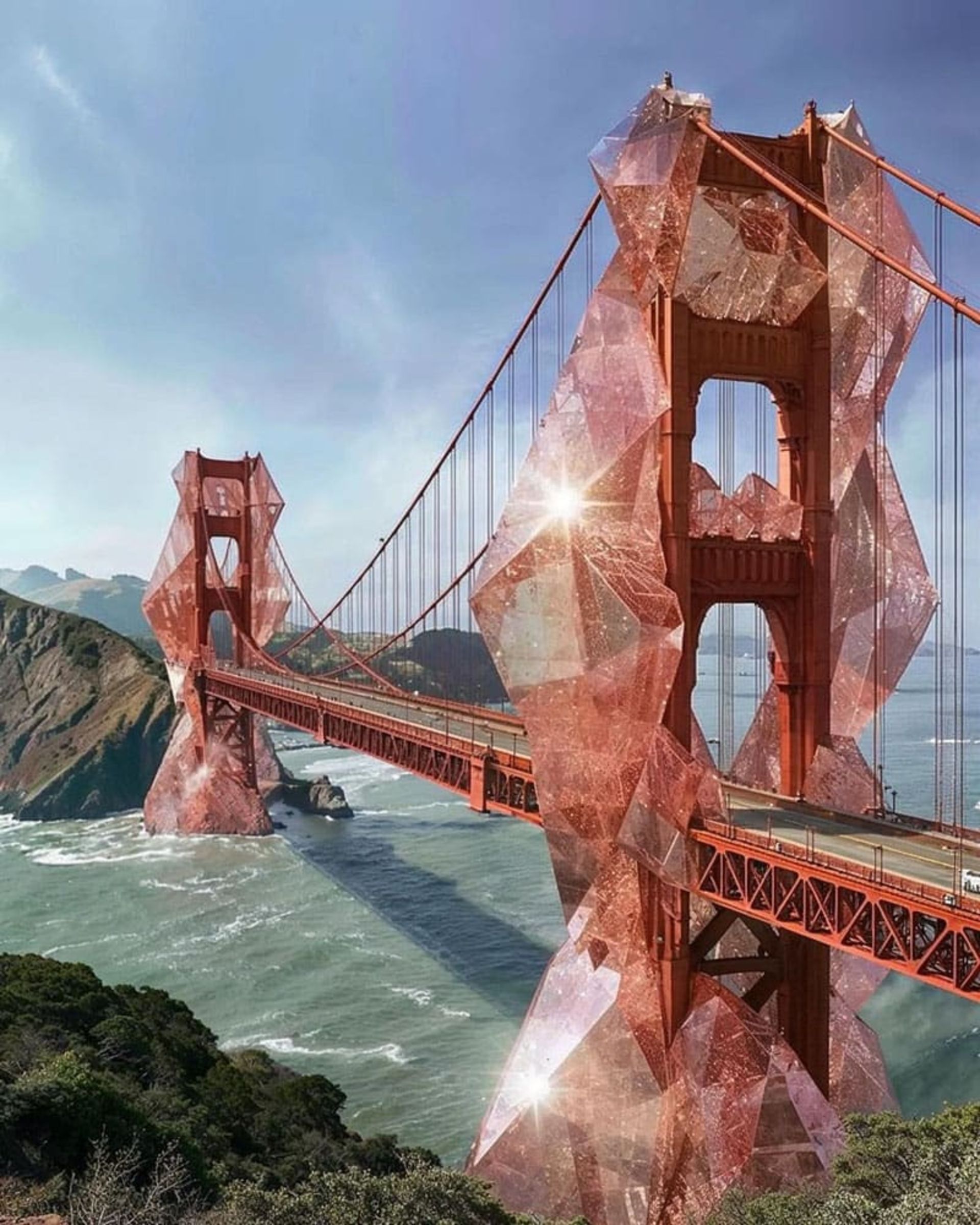پل گلدن گیت آمریکا (Golden Gate Bridge) از نگاه هوش مصنوعی و مزین به الماس