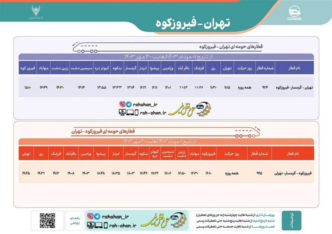 برنامه قطار حومه ای تهران- فیروزکوه۱۴۰۳؛ منبع عکس: وب سایت Rah-ahan.ir. عکاس: نامشخص