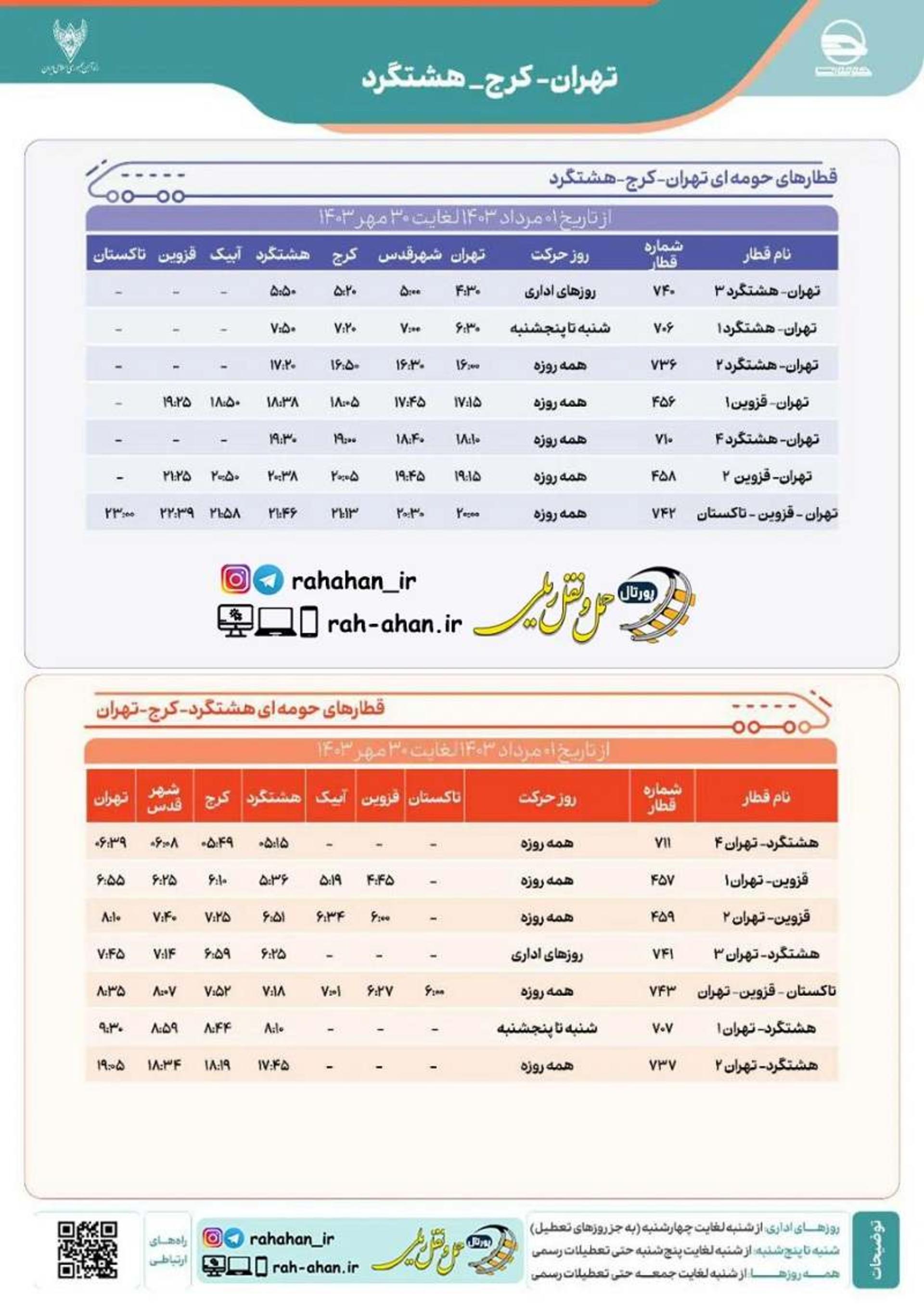 برنامه قطار حومه ای کرج- هشتگرد ۱۴۰۳؛ منبع عکس: وب سایت Rah-ahan.ir. عکاس: نامشخص